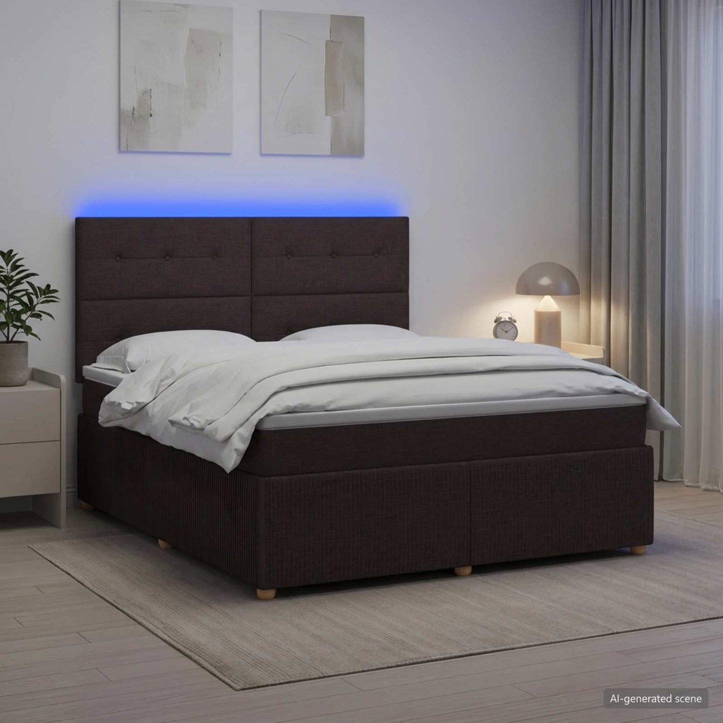 LED boksmadrasseng med madras Mørk Brun 180 x 200 cm Stof