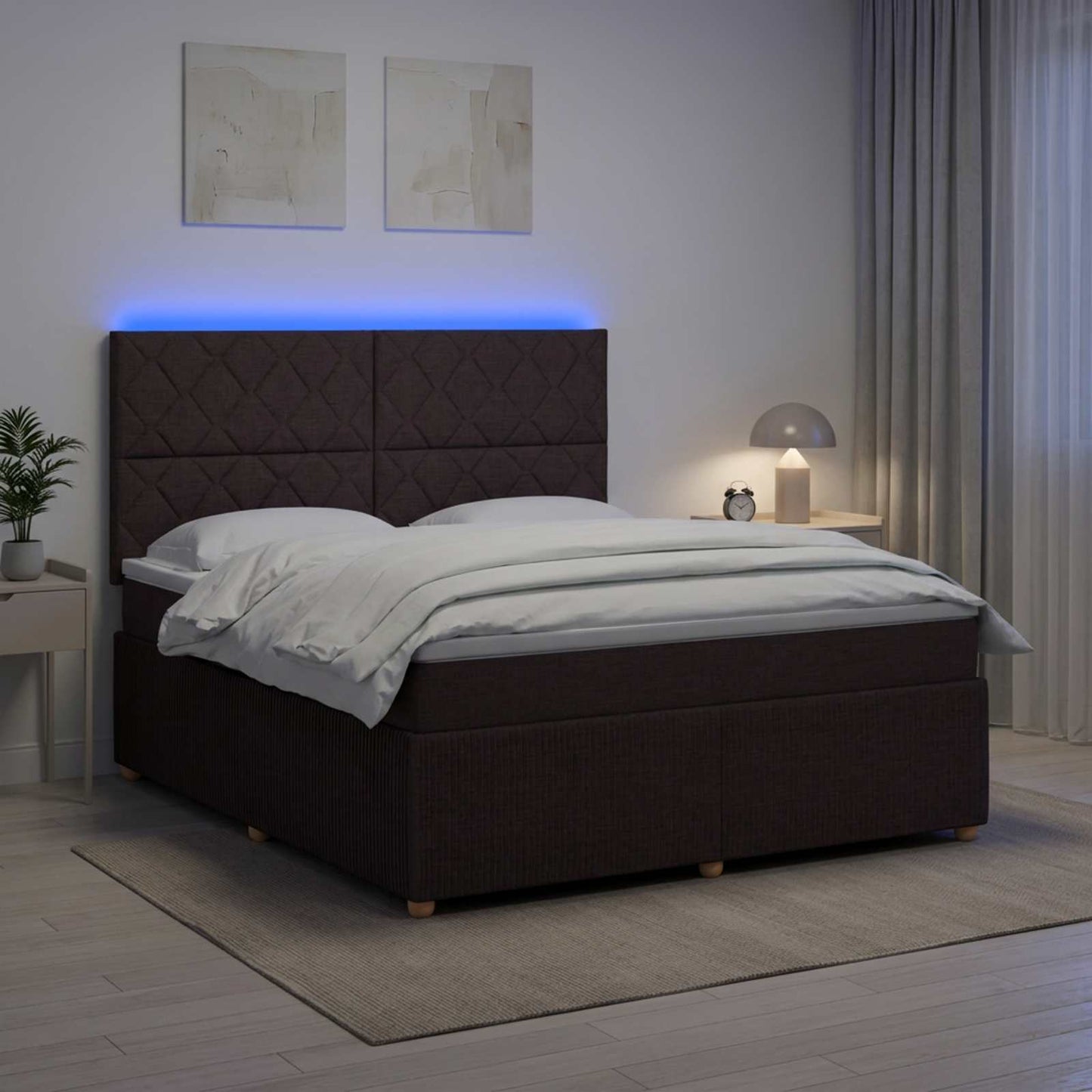 LED boksmadrasseng med madras Mørk Brun 180 x 200 cm Stof