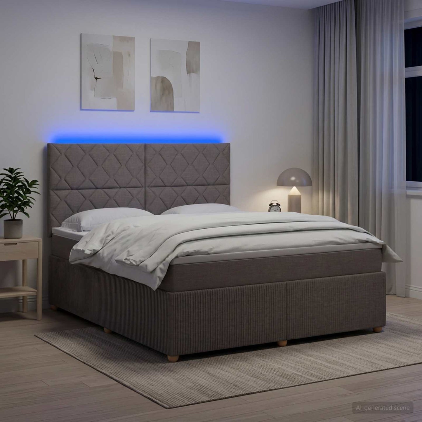 LED boksmadrasseng med madras Gråbrun 180 x 200 cm Stof