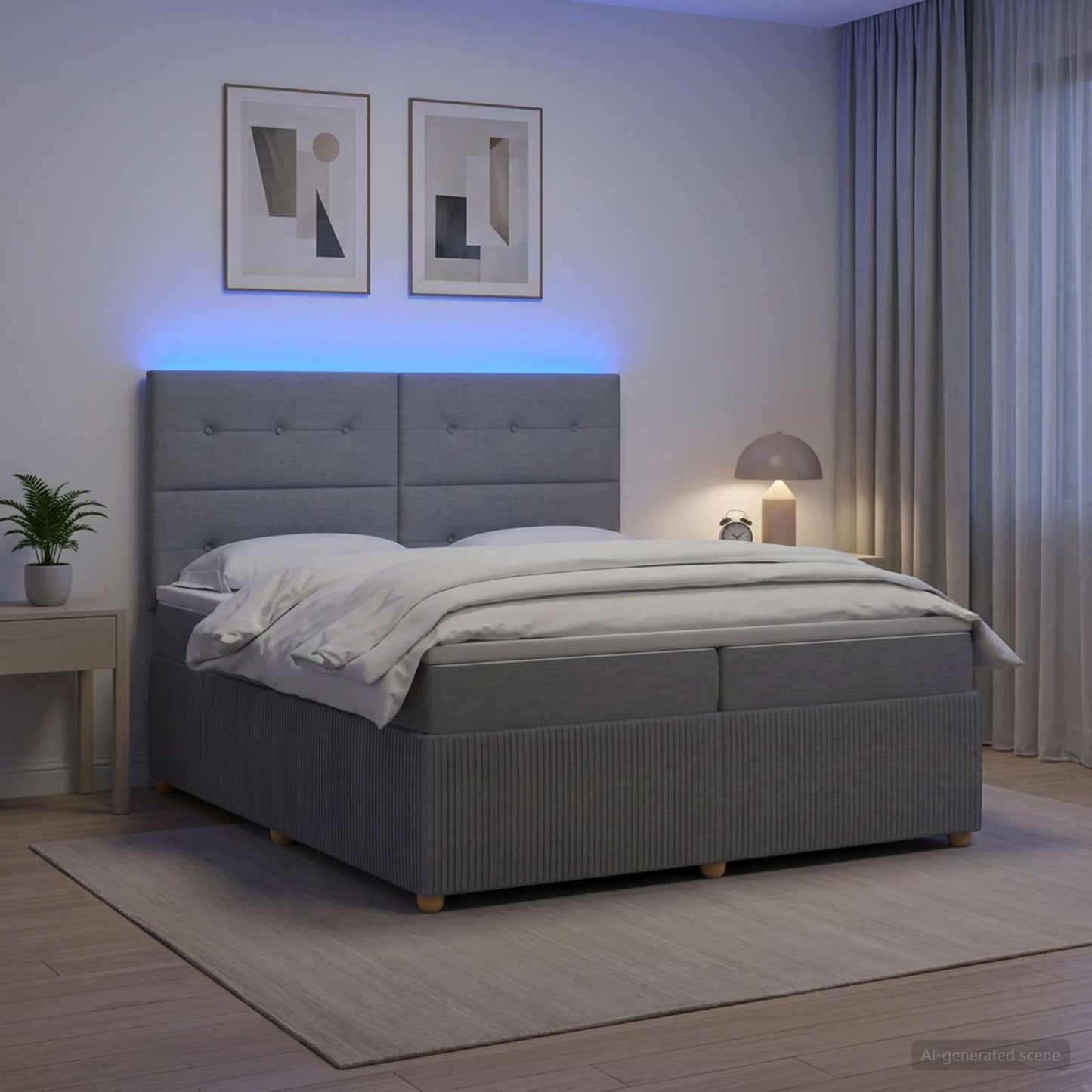 LED boksmadrasseng med madras Lysegrå 200 x 200 cm Stof