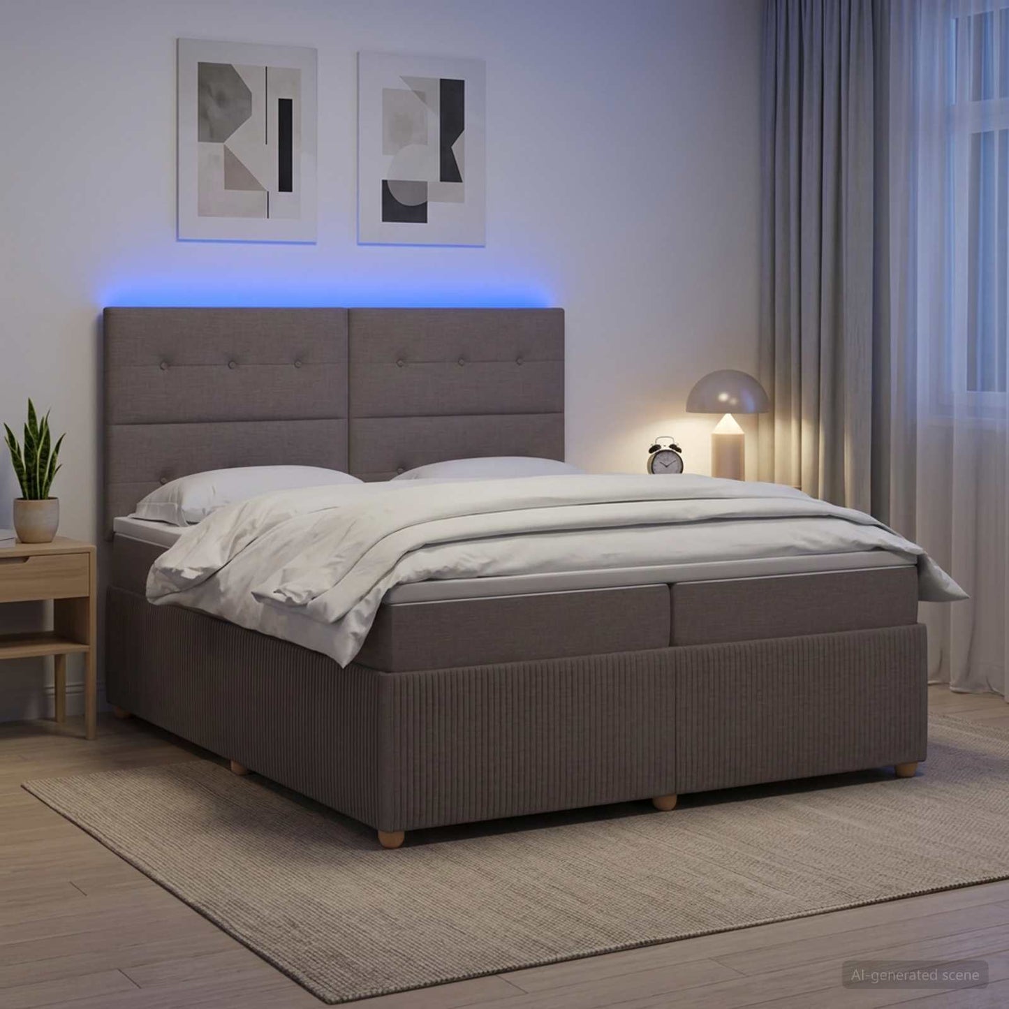 LED boksmadrasseng med madras Gråbrun 200 x 200 cm Stof
