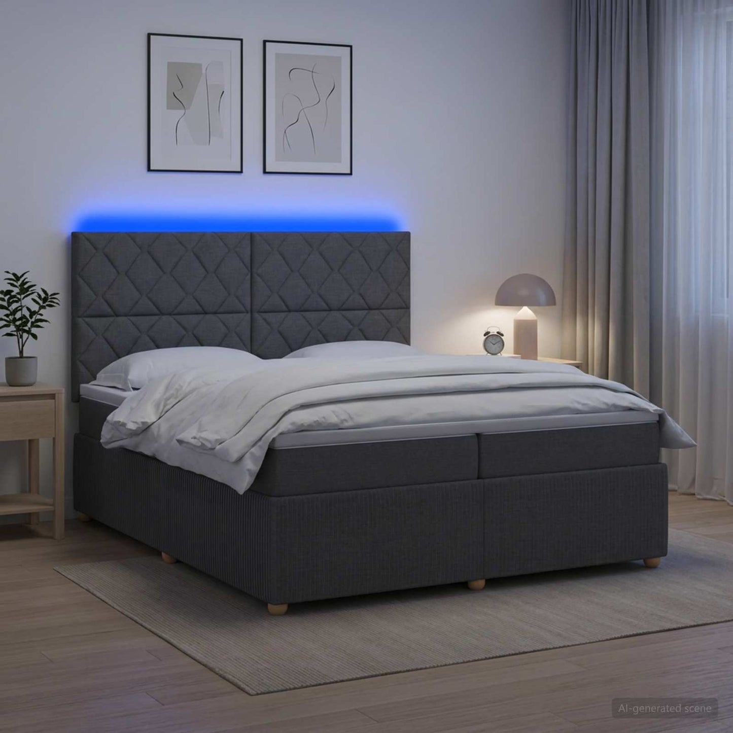 LED boksmadrasseng med madras Mørkegrå 200 x 200 cm Stof