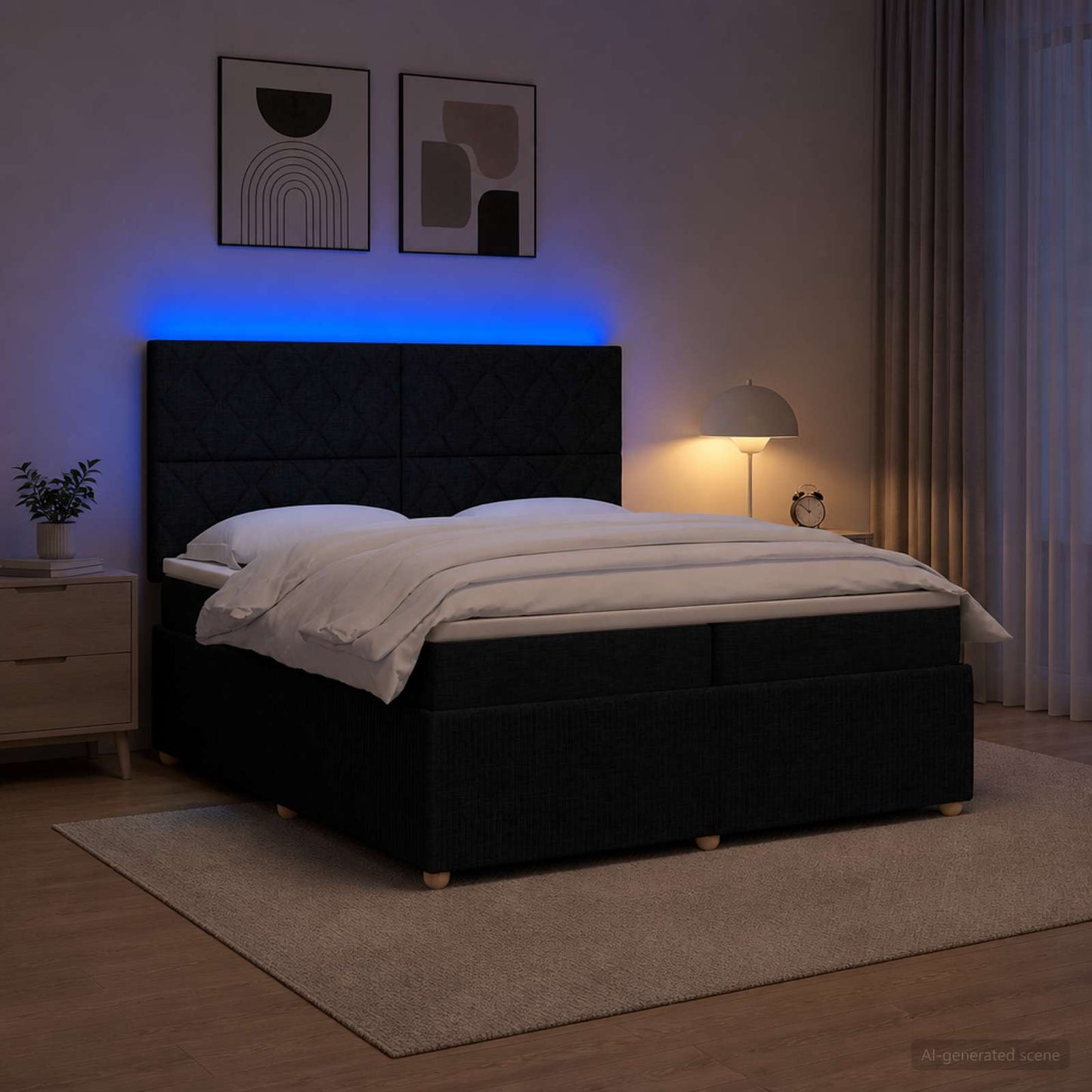 LED boksmadrasseng med madras Sort 200 x 200 cm Stof
