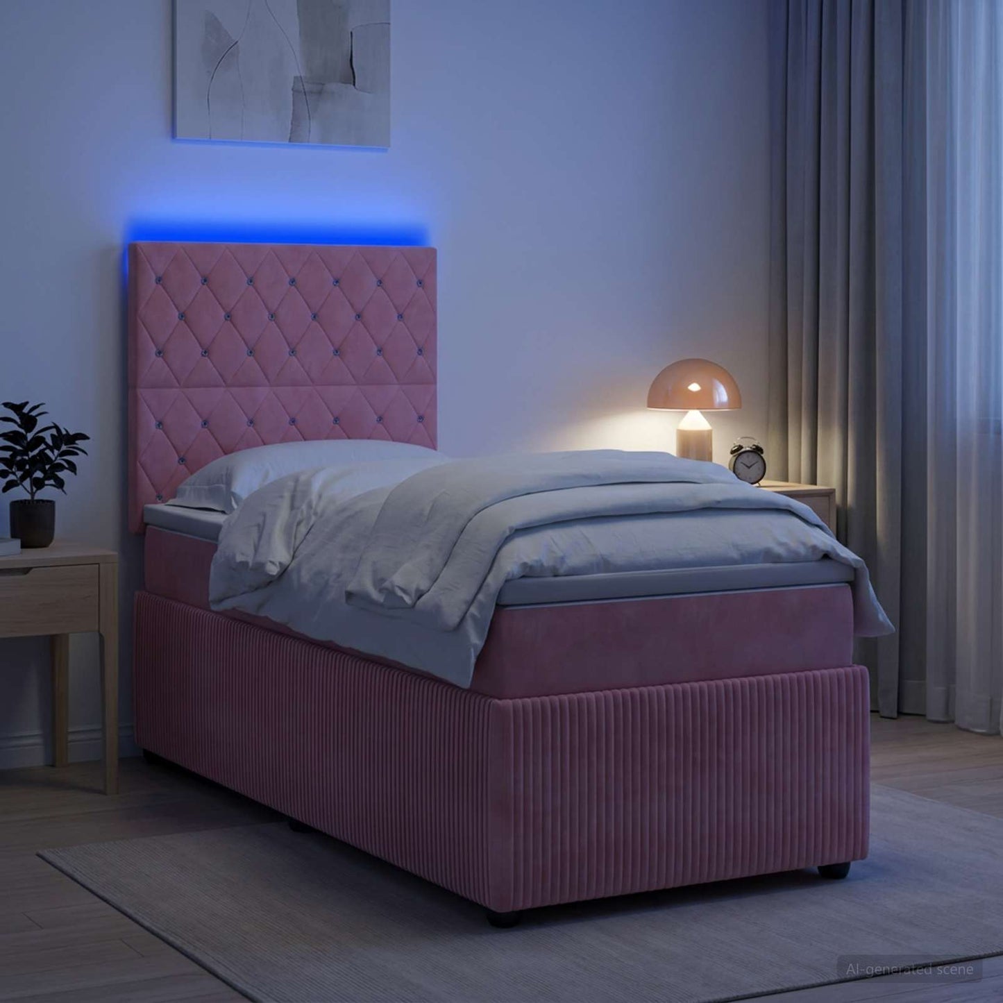 LED boksmadrasseng med madras Lyserød 90 x 190 cm Fløjl