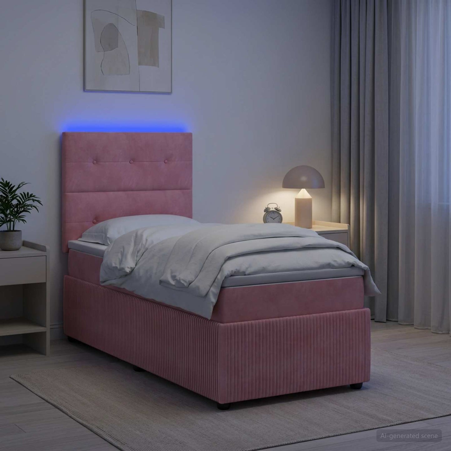 LED boksmadrasseng med madras Lyserød 90 x 190 cm Fløjl