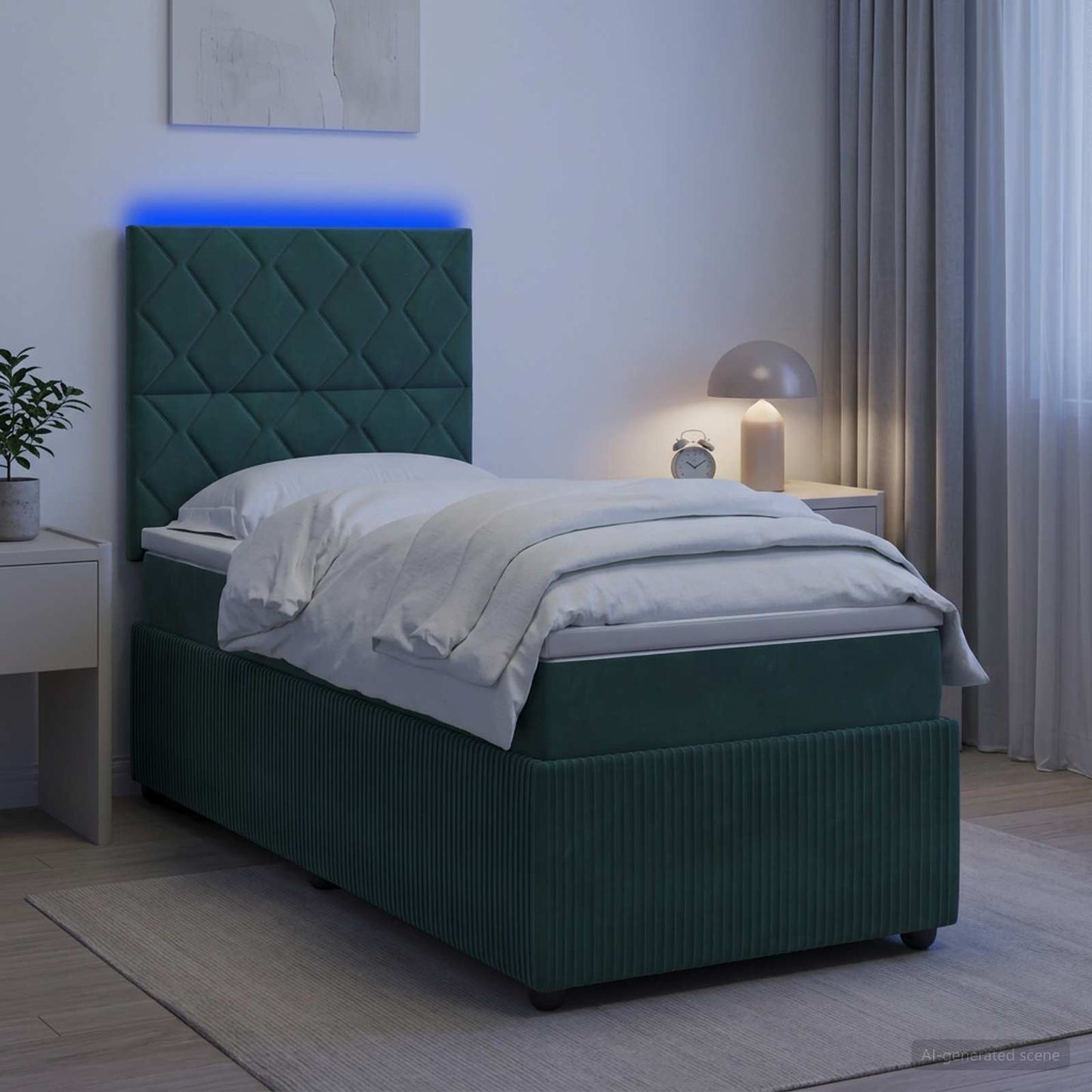 LED boksmadrasseng med madras Mørkegrøn 80 x 200 cm Fløjl