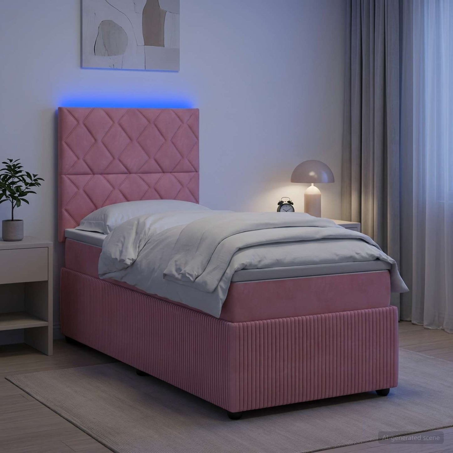 LED boksmadrasseng med madras Lyserød 90 x 190 cm Fløjl