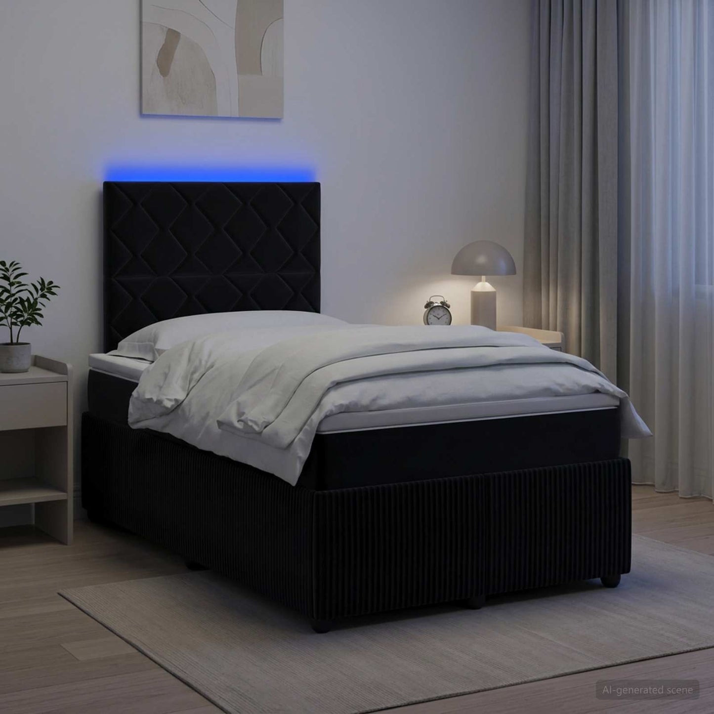 LED boksmadrasseng med madras Sort 120 x 190 cm Fløjl