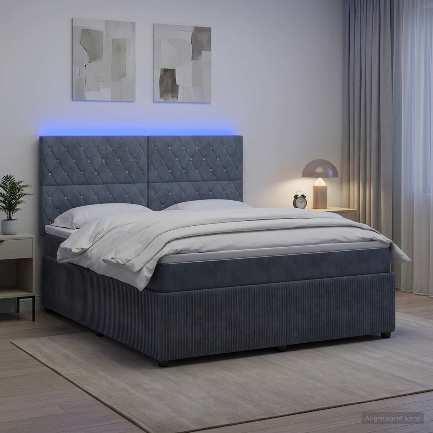 LED boksmadrasseng med madras Mørkegrå 140 x 190 cm Fløjl
