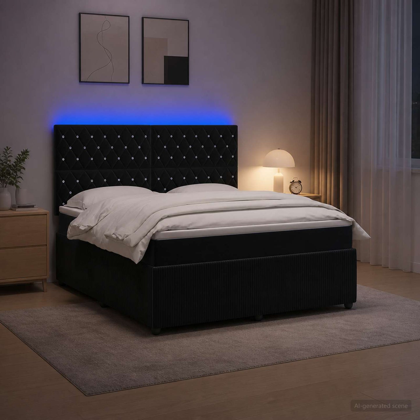 LED boksmadrasseng med madras Sort 140 x 190 cm Fløjl