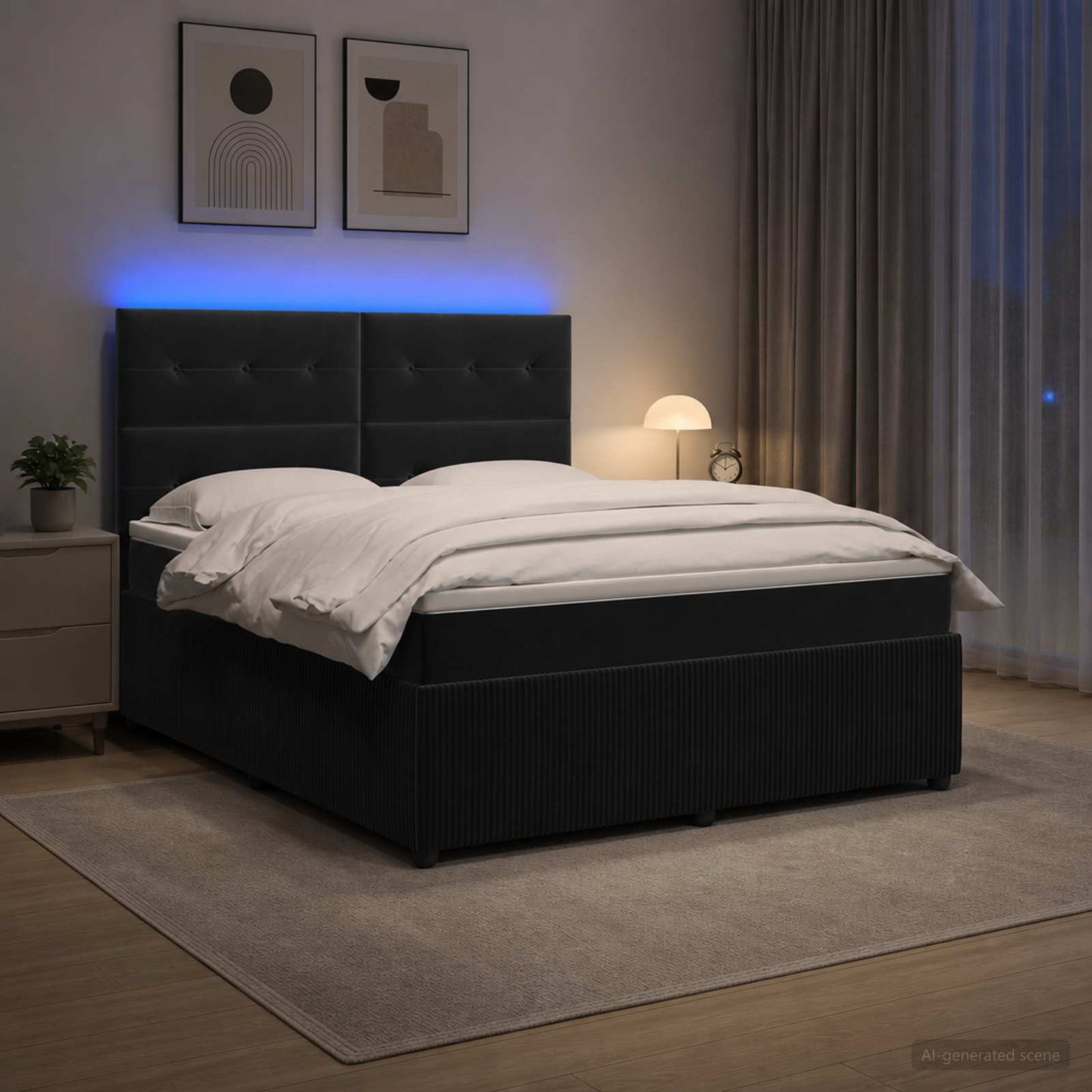 LED boksmadrasseng med madras Sort 160 x 200 cm Fløjl
