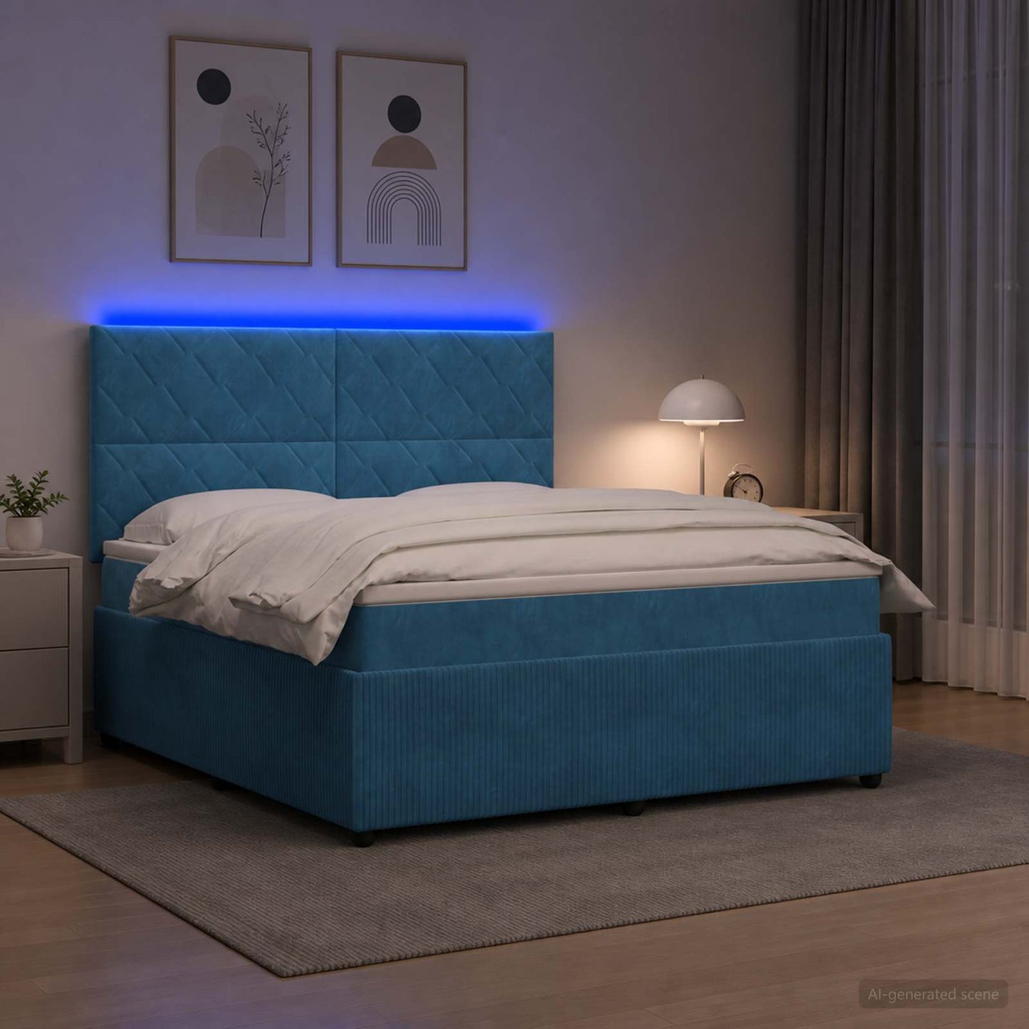 LED boksmadrasseng med madras Blå 140 x 190 cm Fløjl