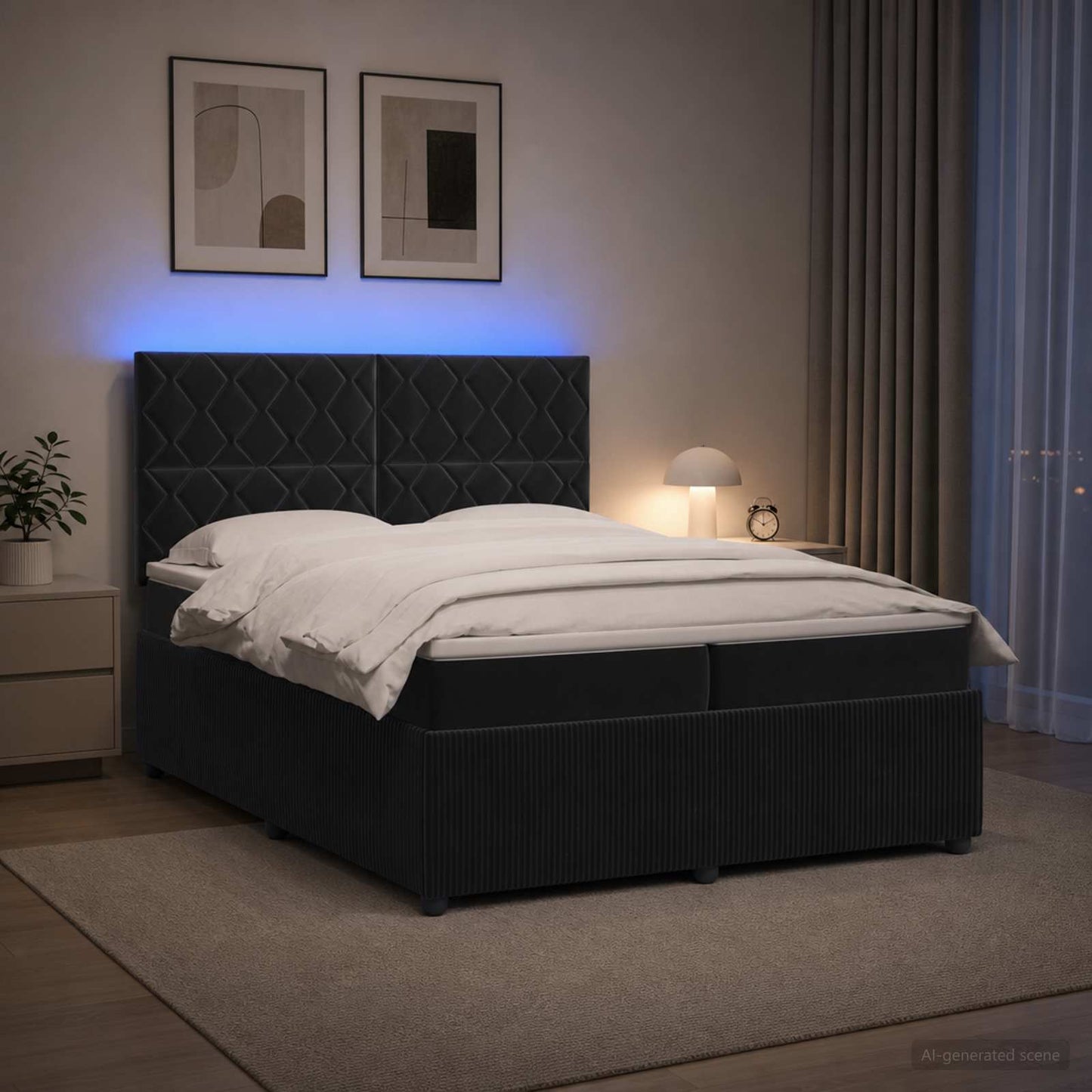 LED boksmadrasseng med madras Sort 200 x 200 cm Fløjl