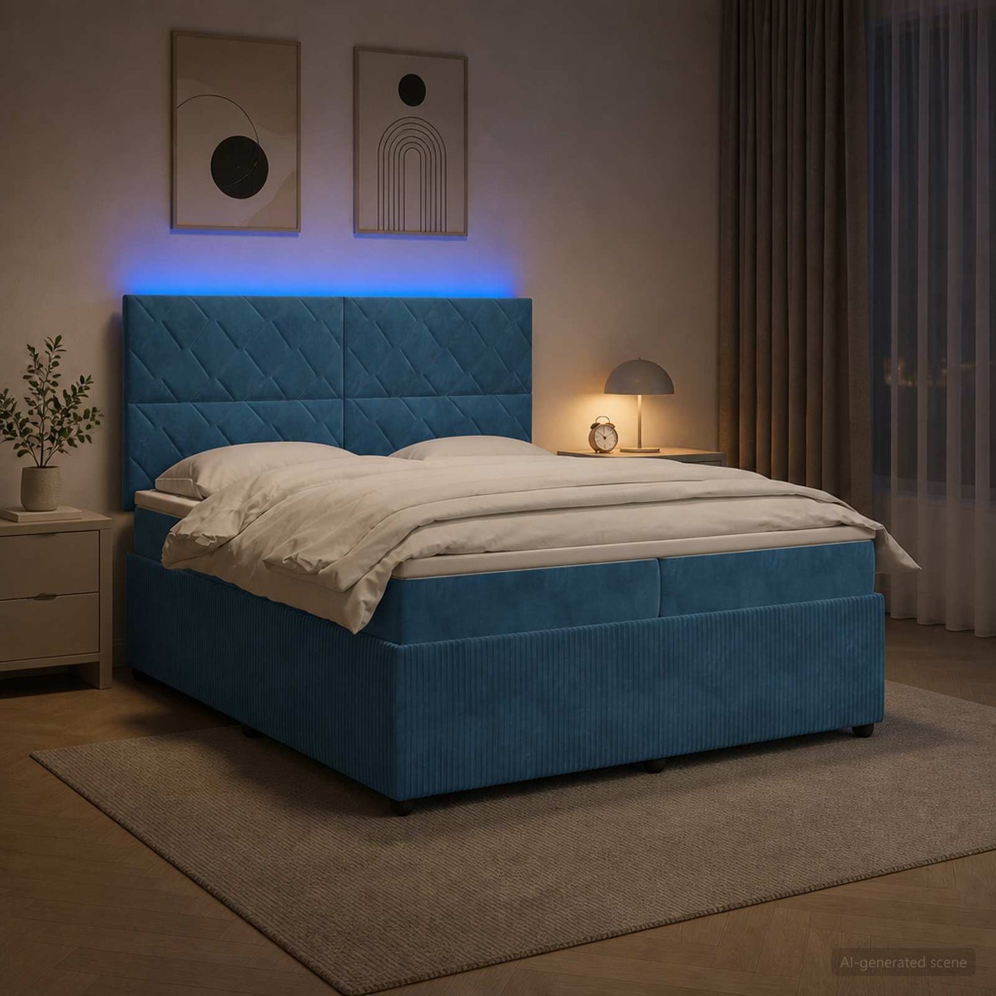 LED boksmadrasseng med madras Blå 200 x 200 cm Fløjl