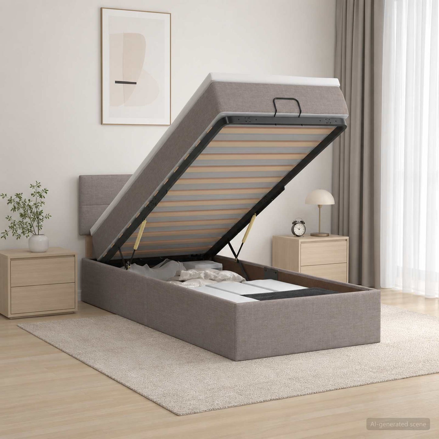 Ottoman seng med madras og LED Gråbrun 90 x 200 cm Stof