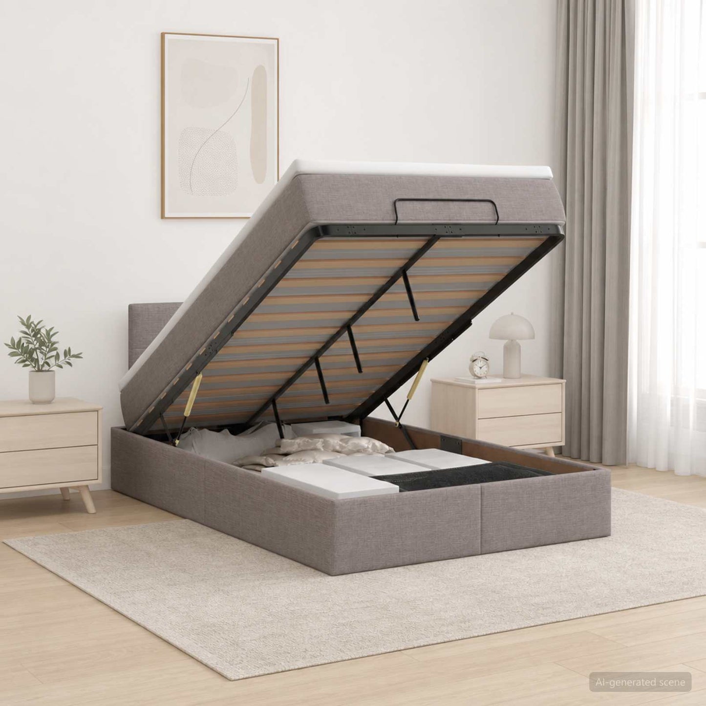 Ottoman seng med madras og LED Gråbrun 120 x 190 cm Stof