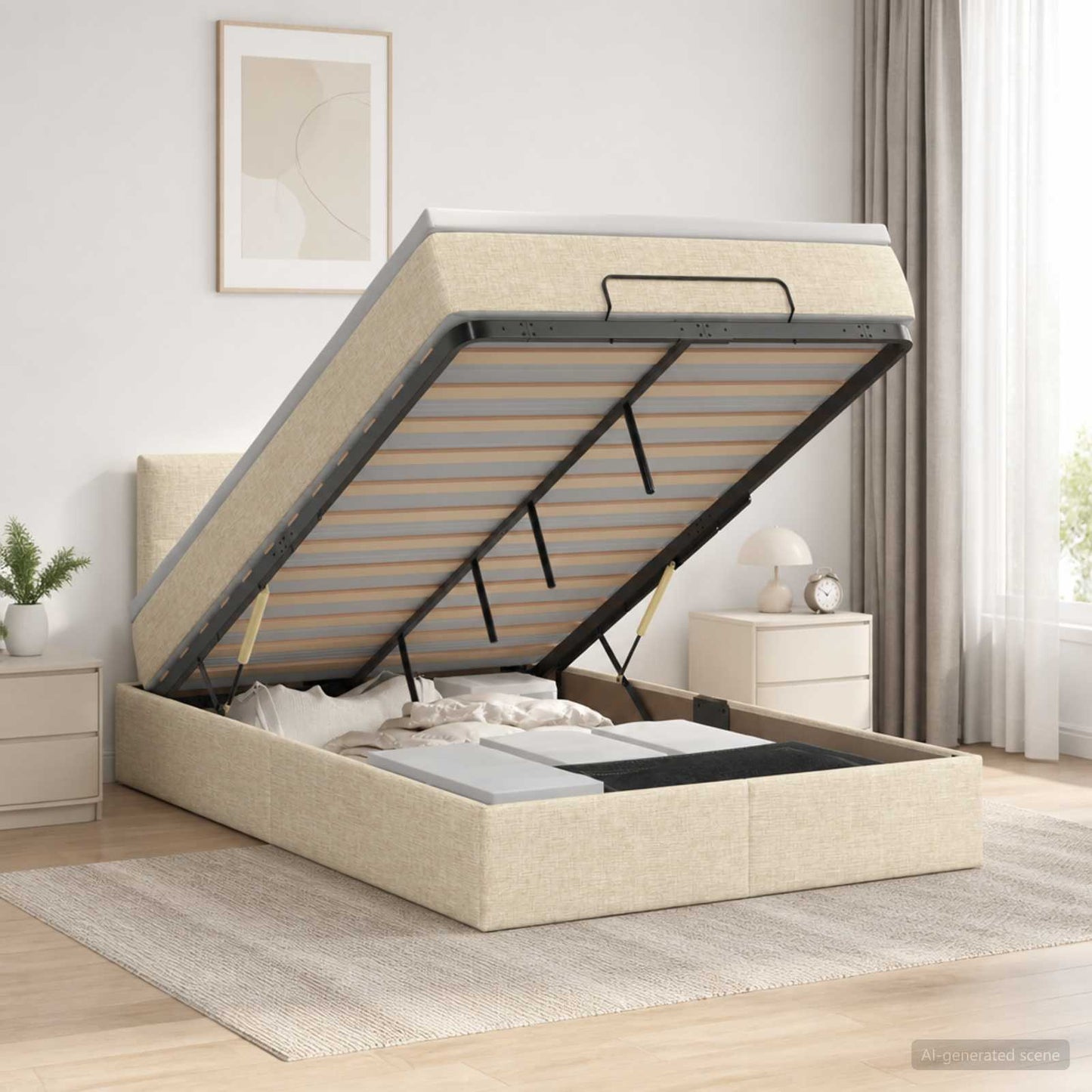 Ottoman seng med madras og LED Cremefarvet 120 x 200 cm Stof