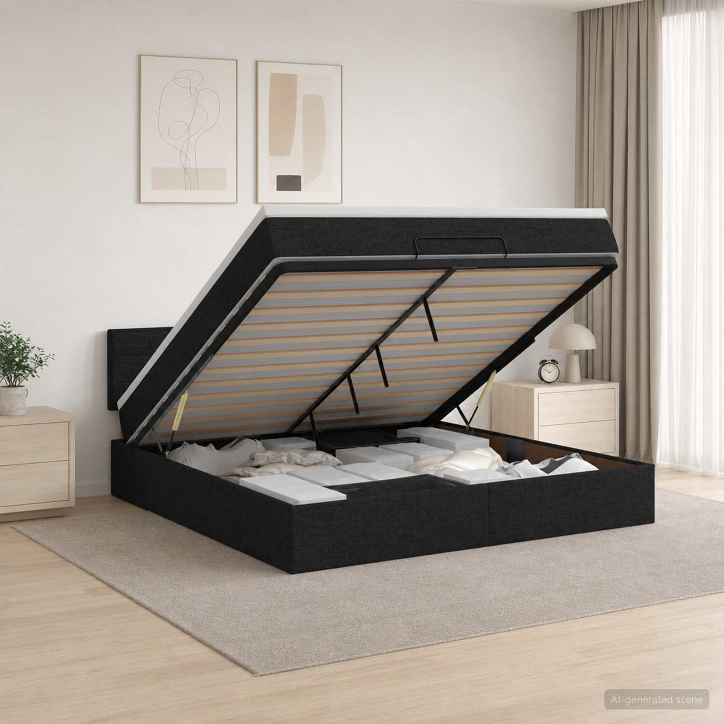 Ottoman seng med madras og LED Sort 140 x 190 cm Stof
