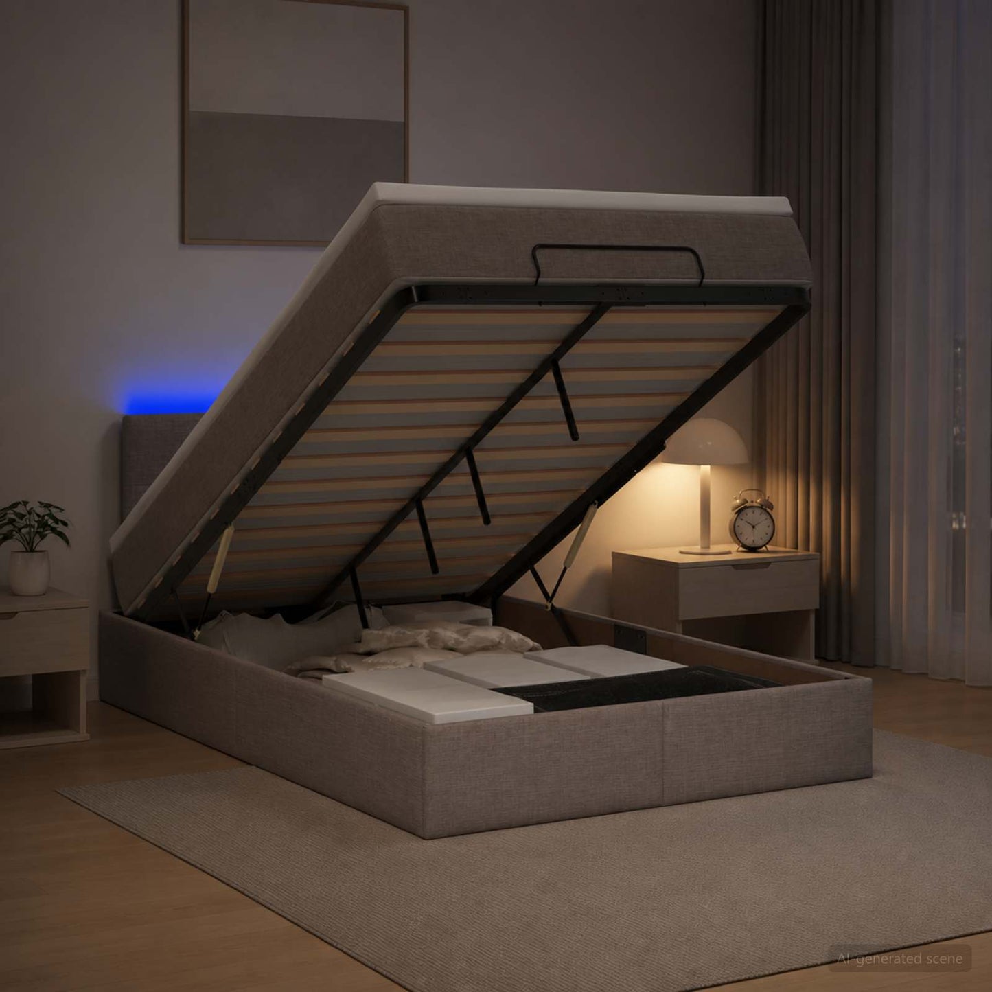 Ottoman seng med madras og LED Gråbrun 120 x 190 cm Stof