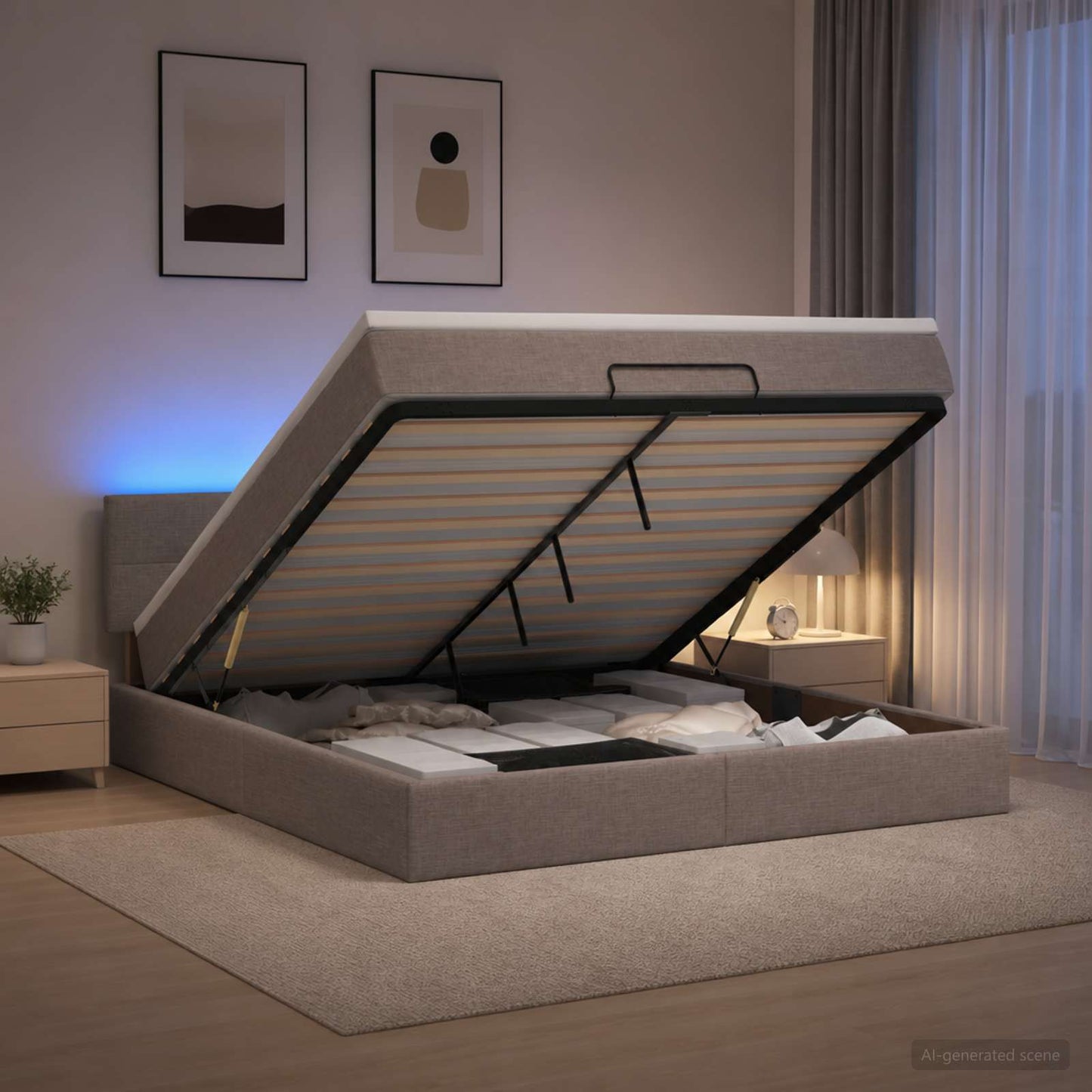 Ottoman seng med madras og LED Gråbrun 140 x 190 cm Stof