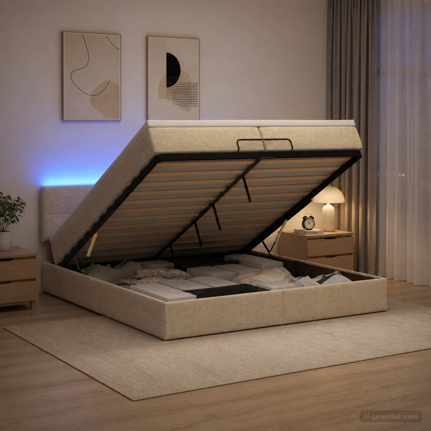 Ottoman seng med madras og LED Cremefarvet 200 x 200 cm Stof