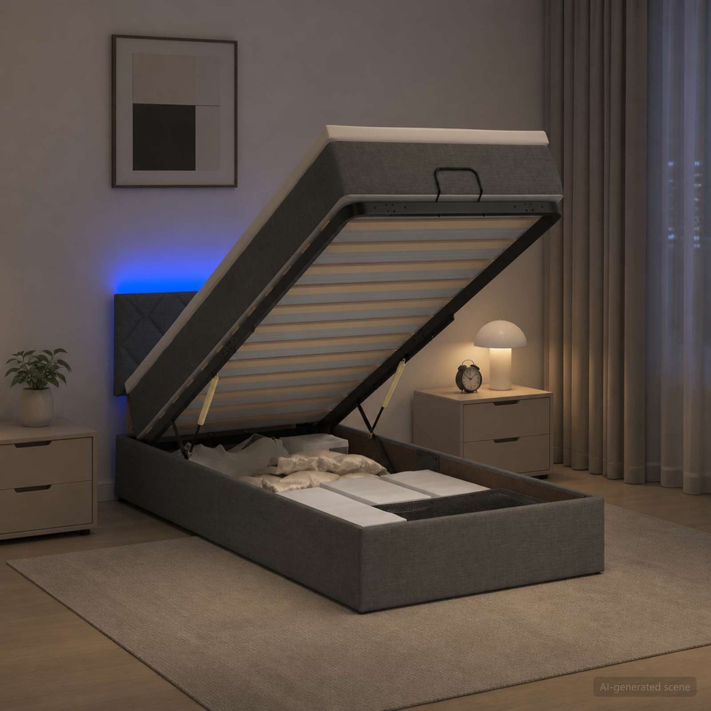 Ottoman seng med madras og LED Mørkegrå 80 x 200 cm Stof