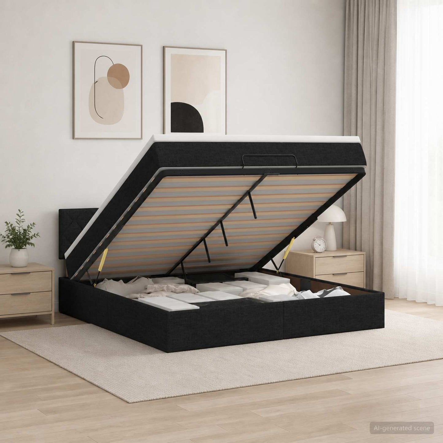 Ottoman seng med madras og LED Sort 160 x 200 cm Stof
