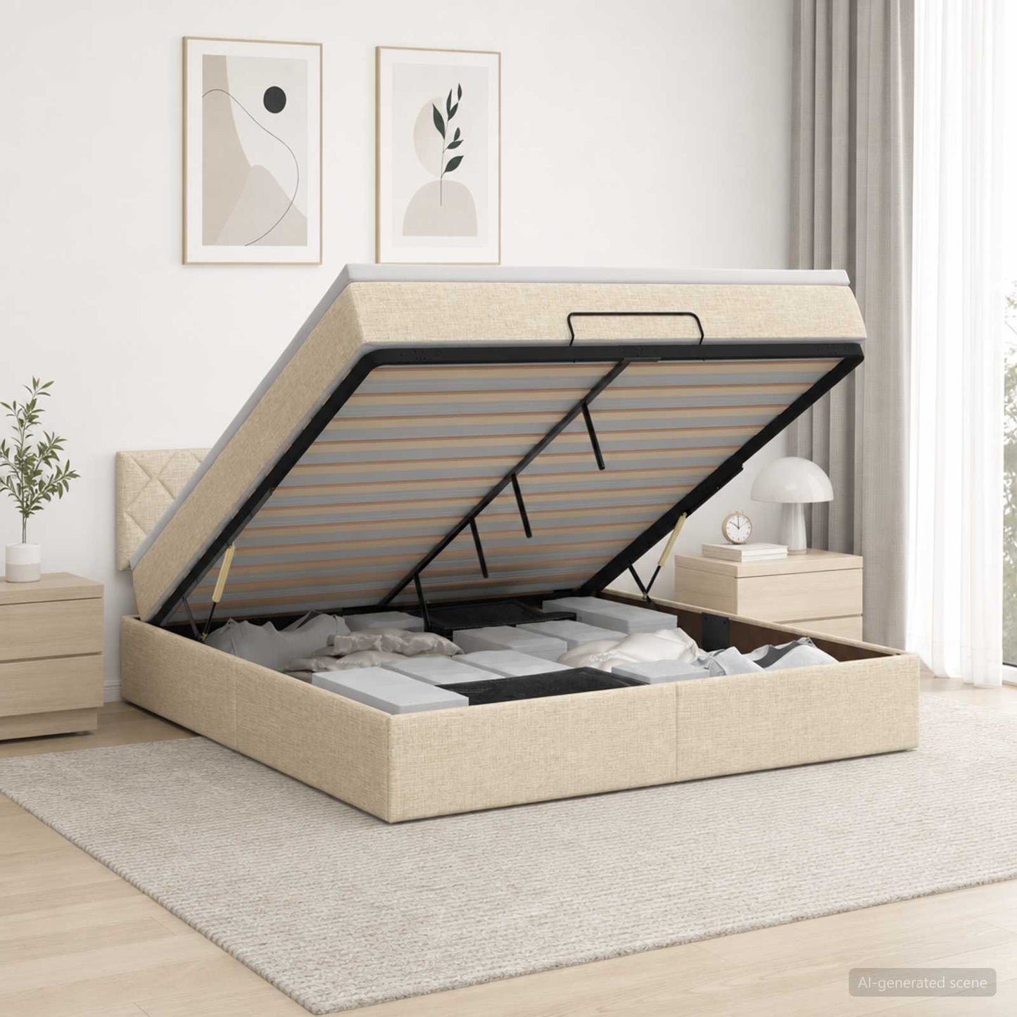 Ottoman seng med madras og LED Cremefarvet 180 x 200 cm Stof