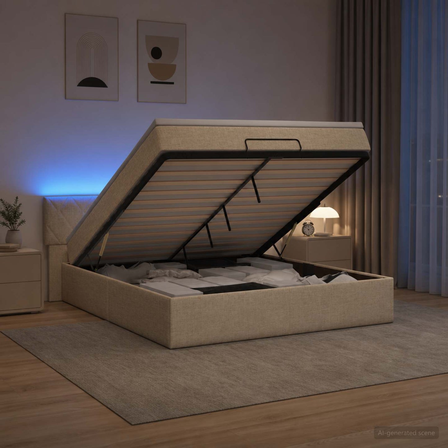Ottoman seng med madras og LED Cremefarvet 180 x 200 cm Stof