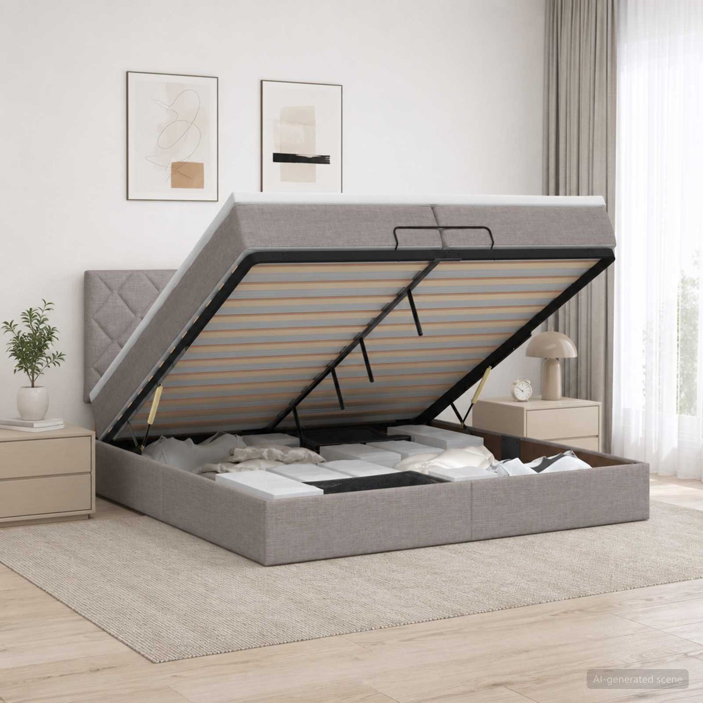 Ottoman seng med madras og LED Gråbrun 200 x 200 cm Stof