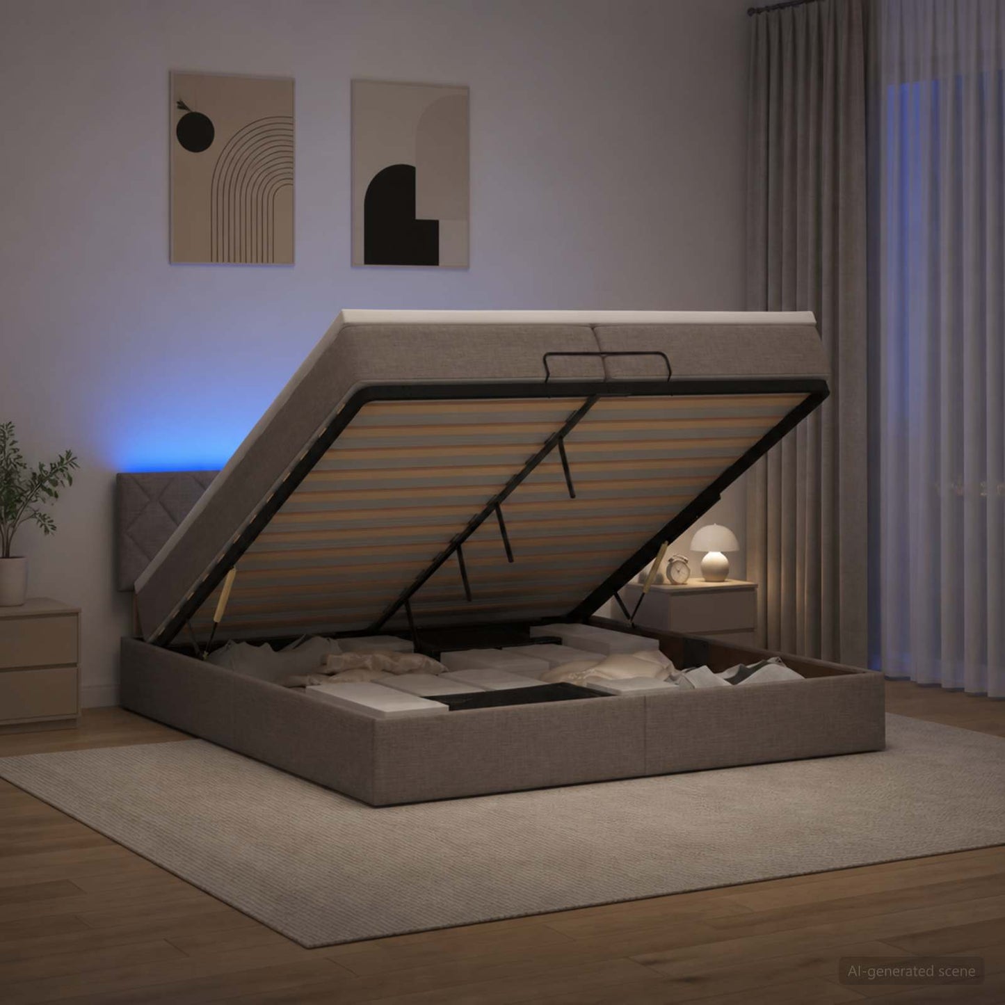 Ottoman seng med madras og LED Gråbrun 200 x 200 cm Stof
