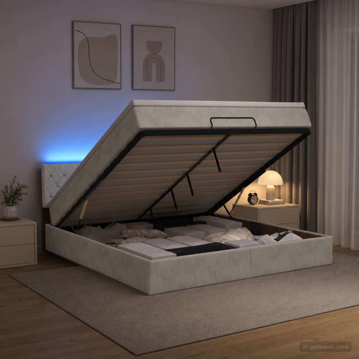Ottoman seng med madras og LED Lysegrå 160 x 200 cm Velour
