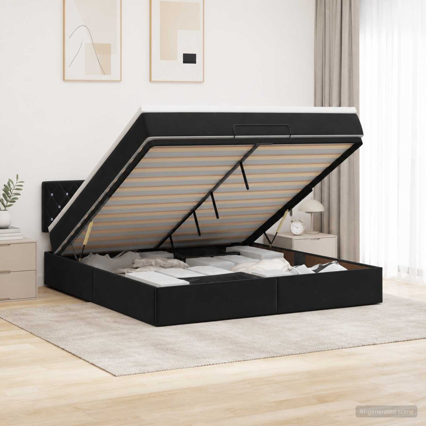 Ottoman seng med madras og LED Sort 140 x 200 cm Velour