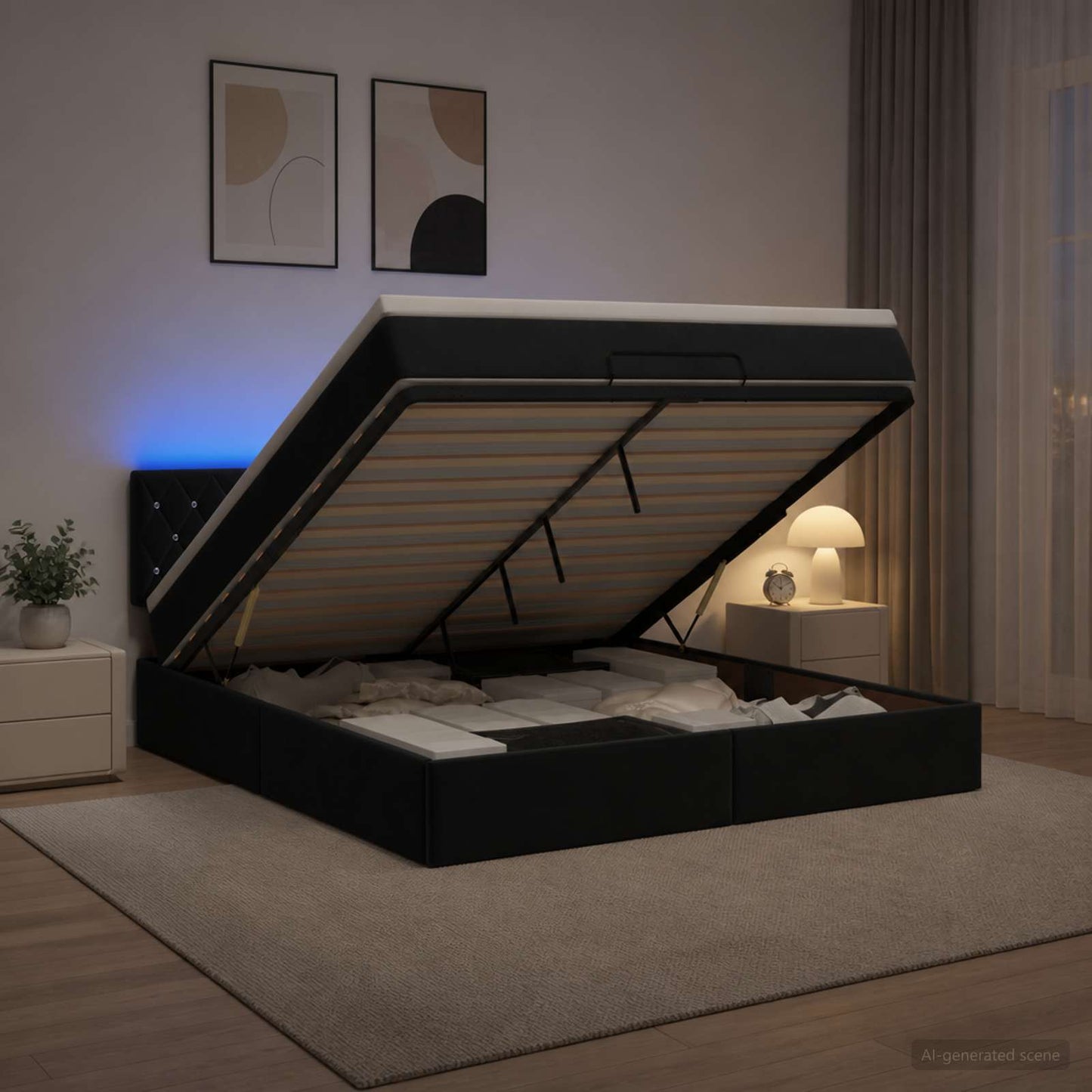 Ottoman seng med madras og LED Sort 160 x 200 cm Velour