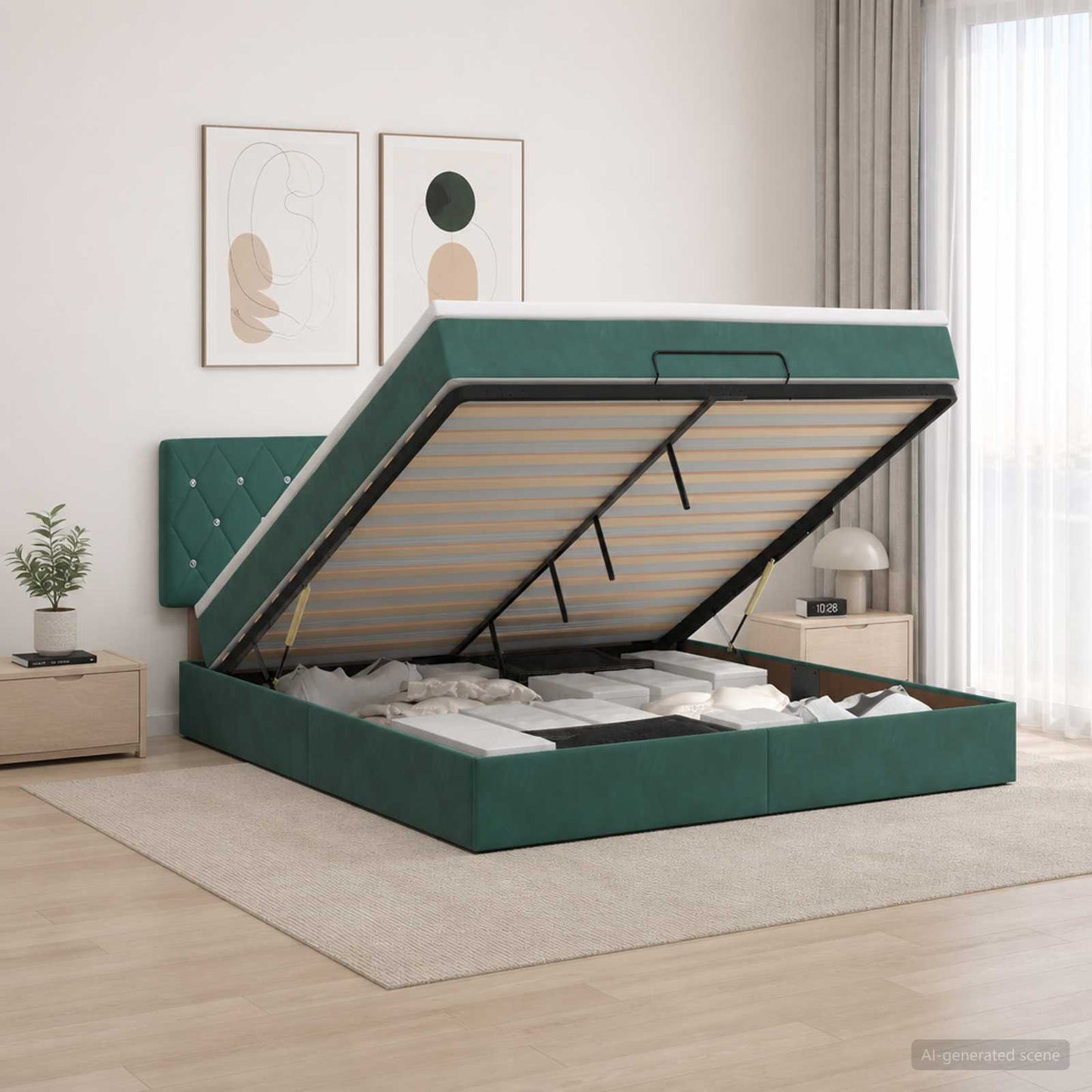 Ottoman seng med madras Mørkegrøn 180 x 200 cm Fløjl