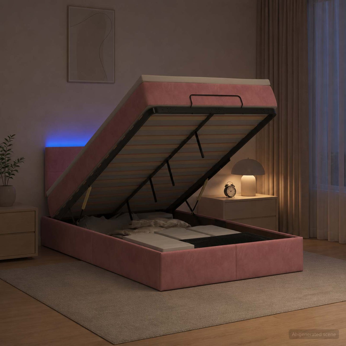 Ottoman seng med madras og LED Lyserød 120 x 190 cm Velour
