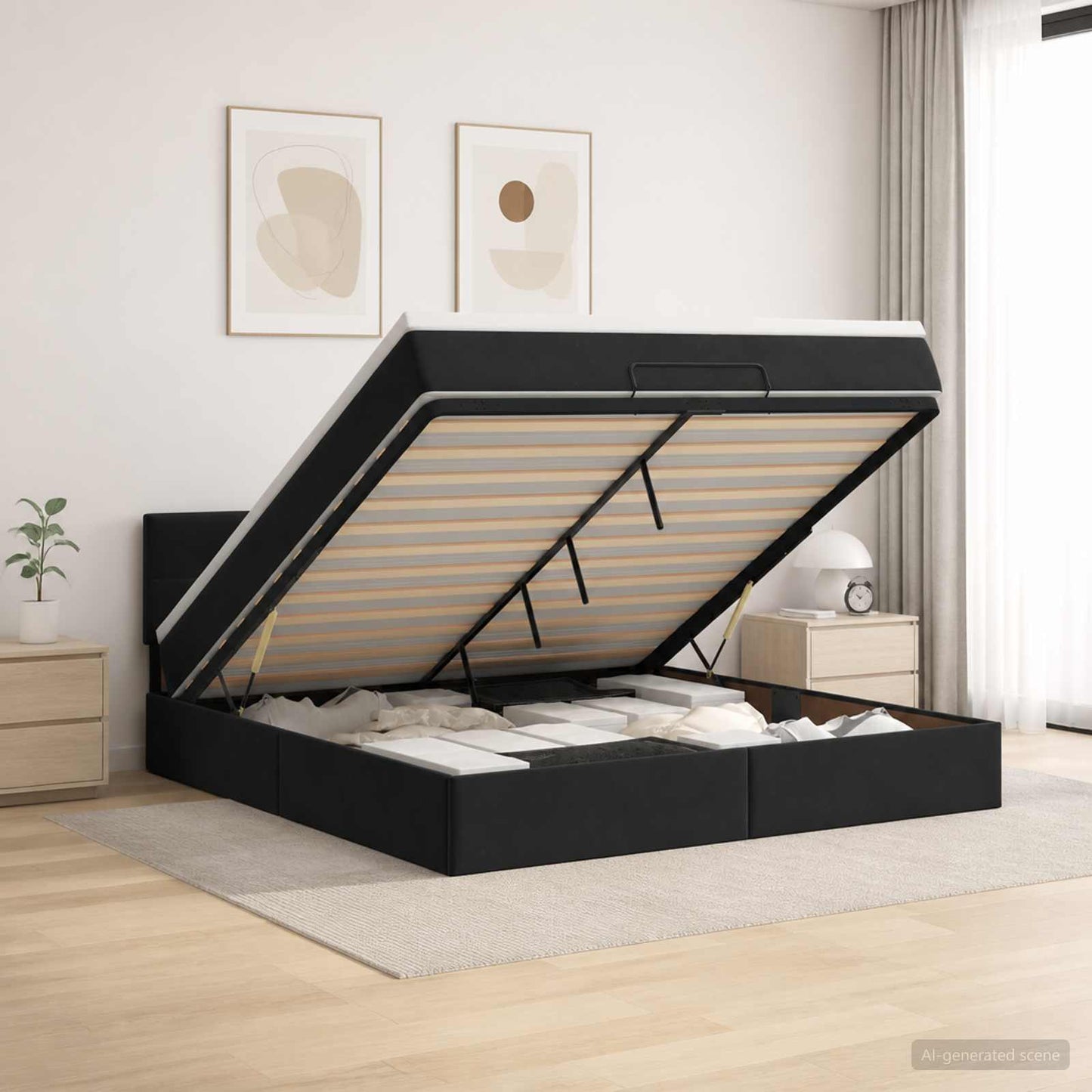 Ottoman seng med madras og LED Sort 160 x 200 cm Velour