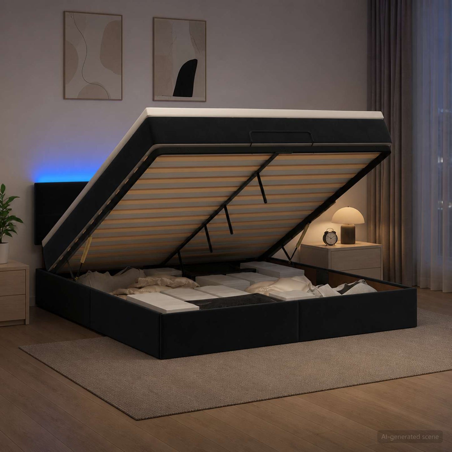 Ottoman seng med madras og LED Sort 160 x 200 cm Velour