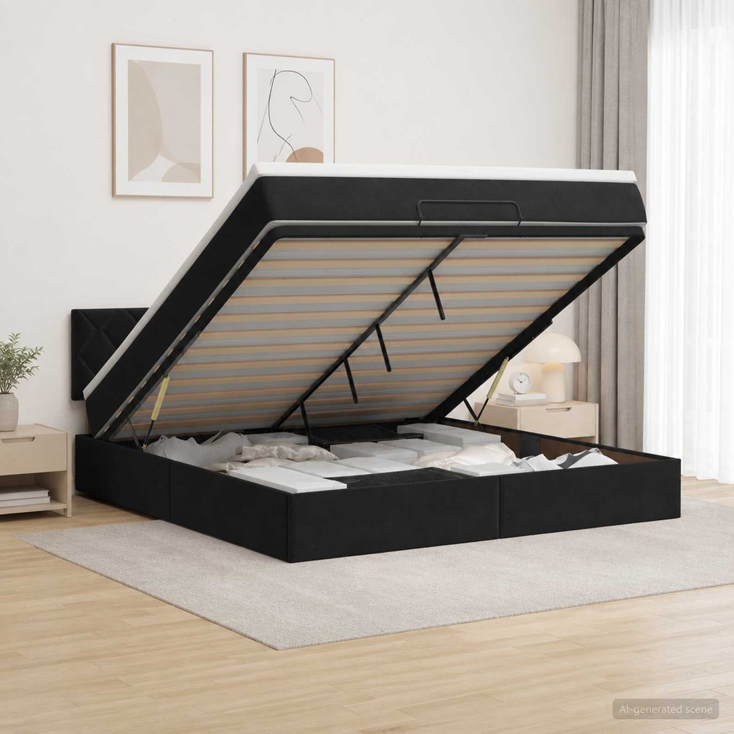 Ottoman seng med madras og LED Sort 160 x 200 cm Velour