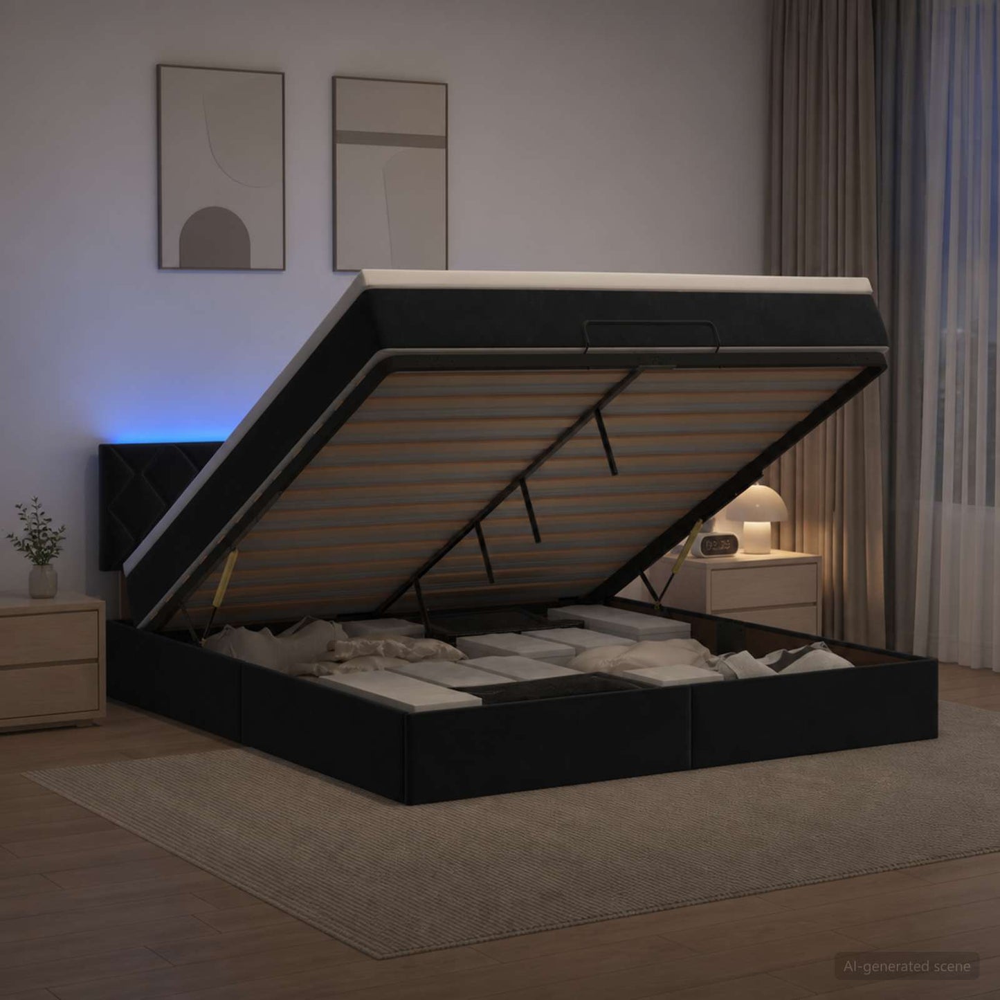 Ottoman seng med madras og LED Sort 160 x 200 cm Velour