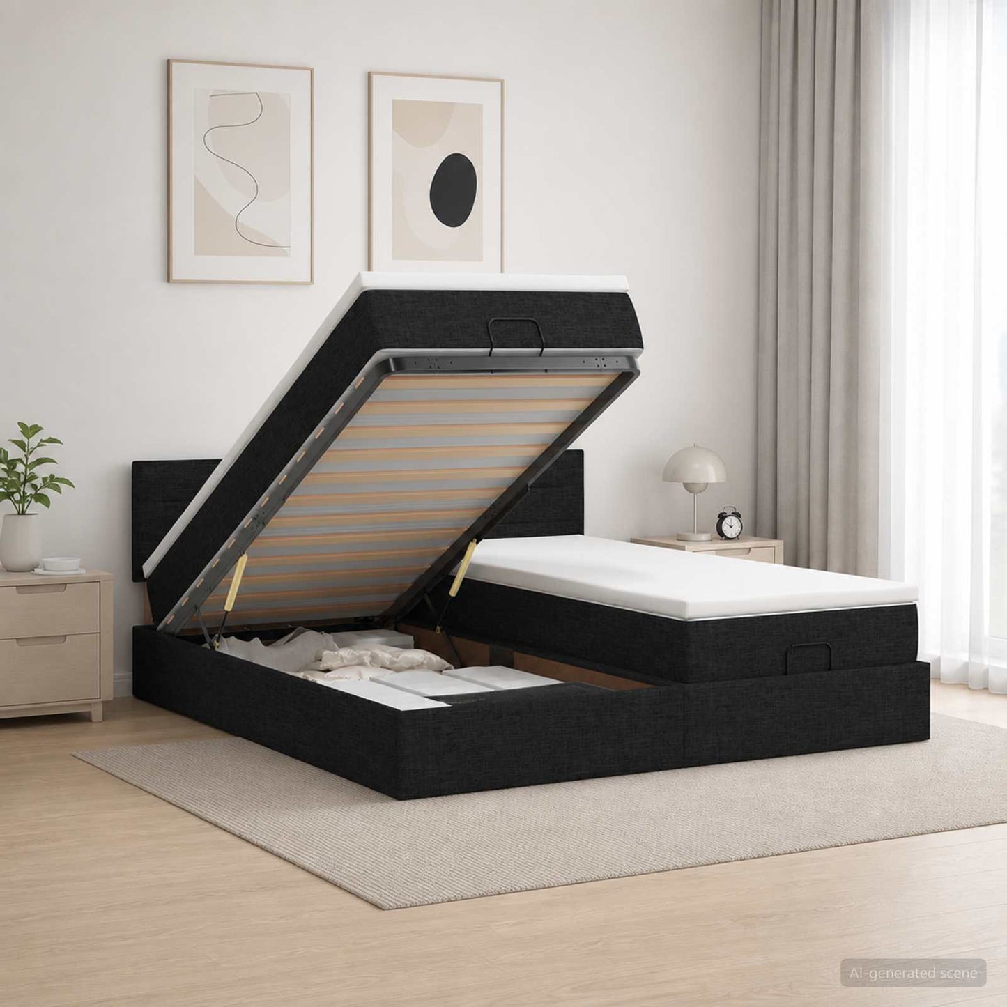 Ottoman seng med madras og LED Sort 160 x 200 cm Stof