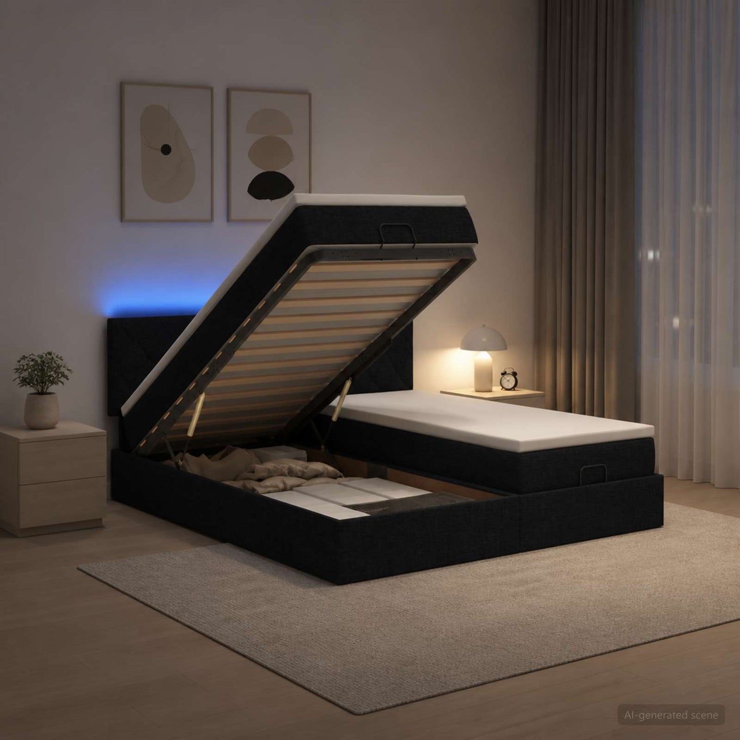 Ottoman seng med madras og LED Sort 160 x 200 cm Stof