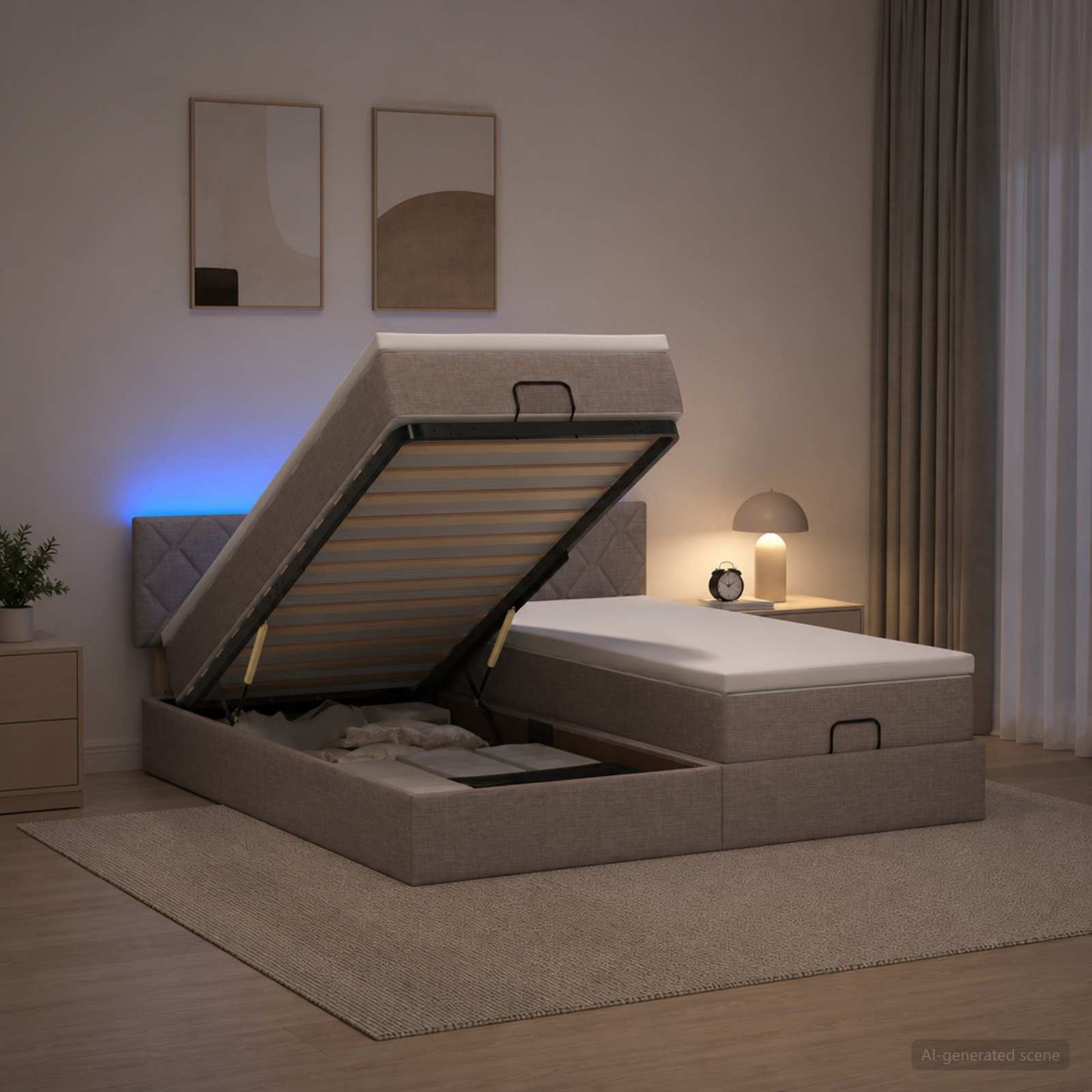 Ottoman seng med madras og LED Gråbrun 180 x 200 cm Stof