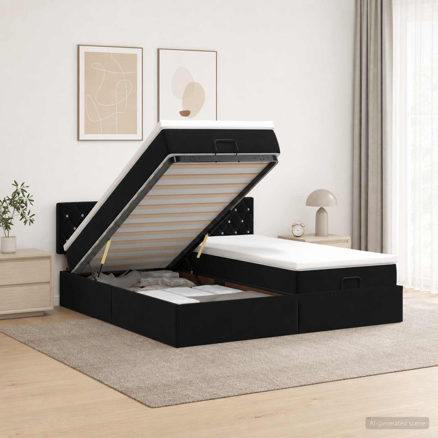 Ottoman seng med madras og LED Sort 160 x 200 cm Velour