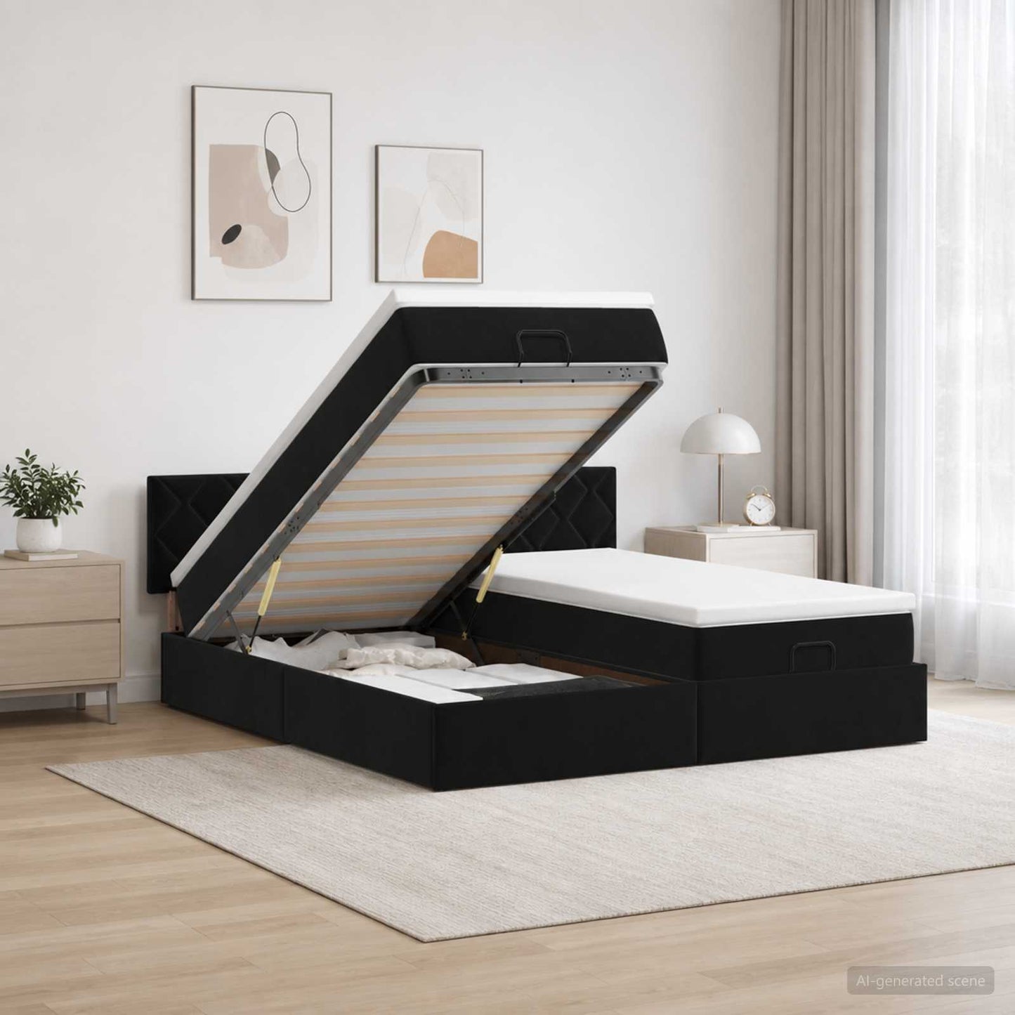 Ottoman seng med madras og LED Sort 160 x 200 cm Velour