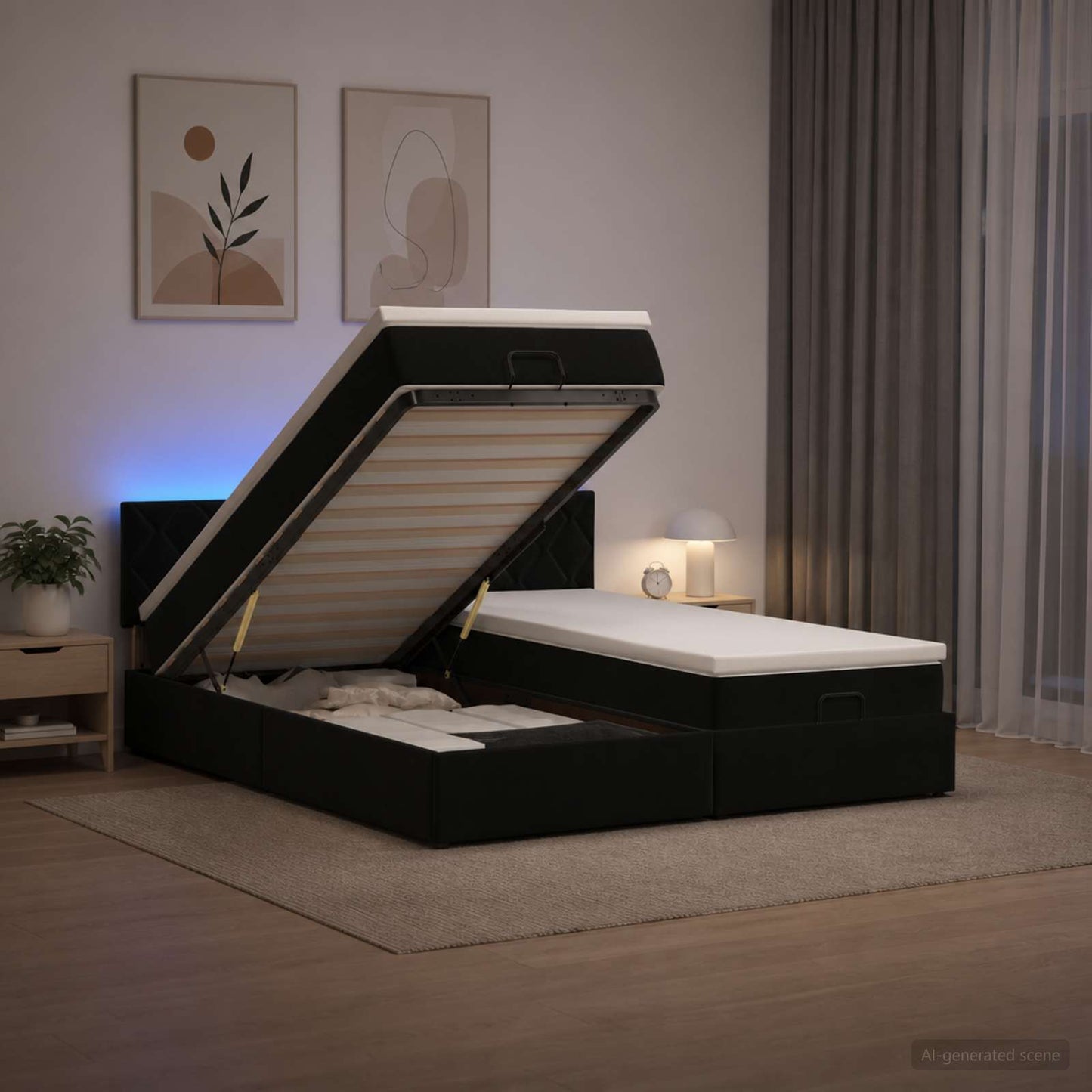 Ottoman seng med madras og LED Sort 200 x 200 cm Velour
