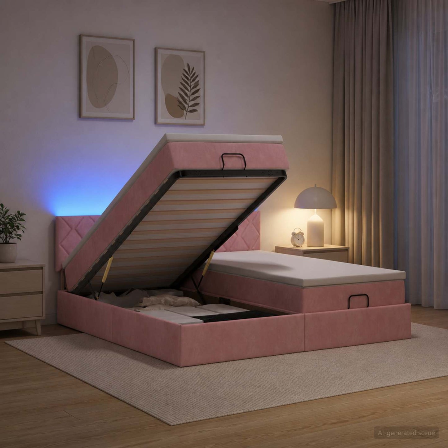 Ottoman seng med madras og LED Lyserød 200 x 200 cm Velour