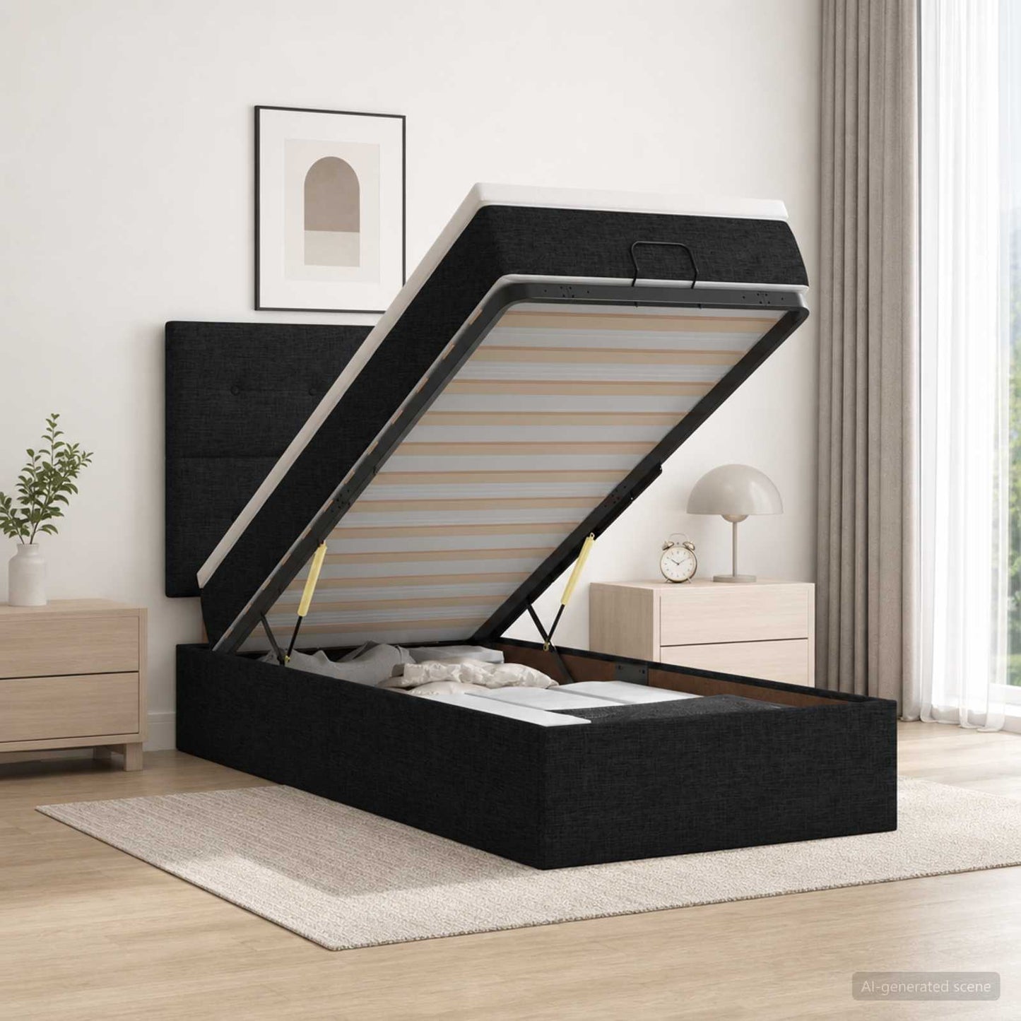 Ottoman seng med madras og LED Sort 90 x 190 cm Stof