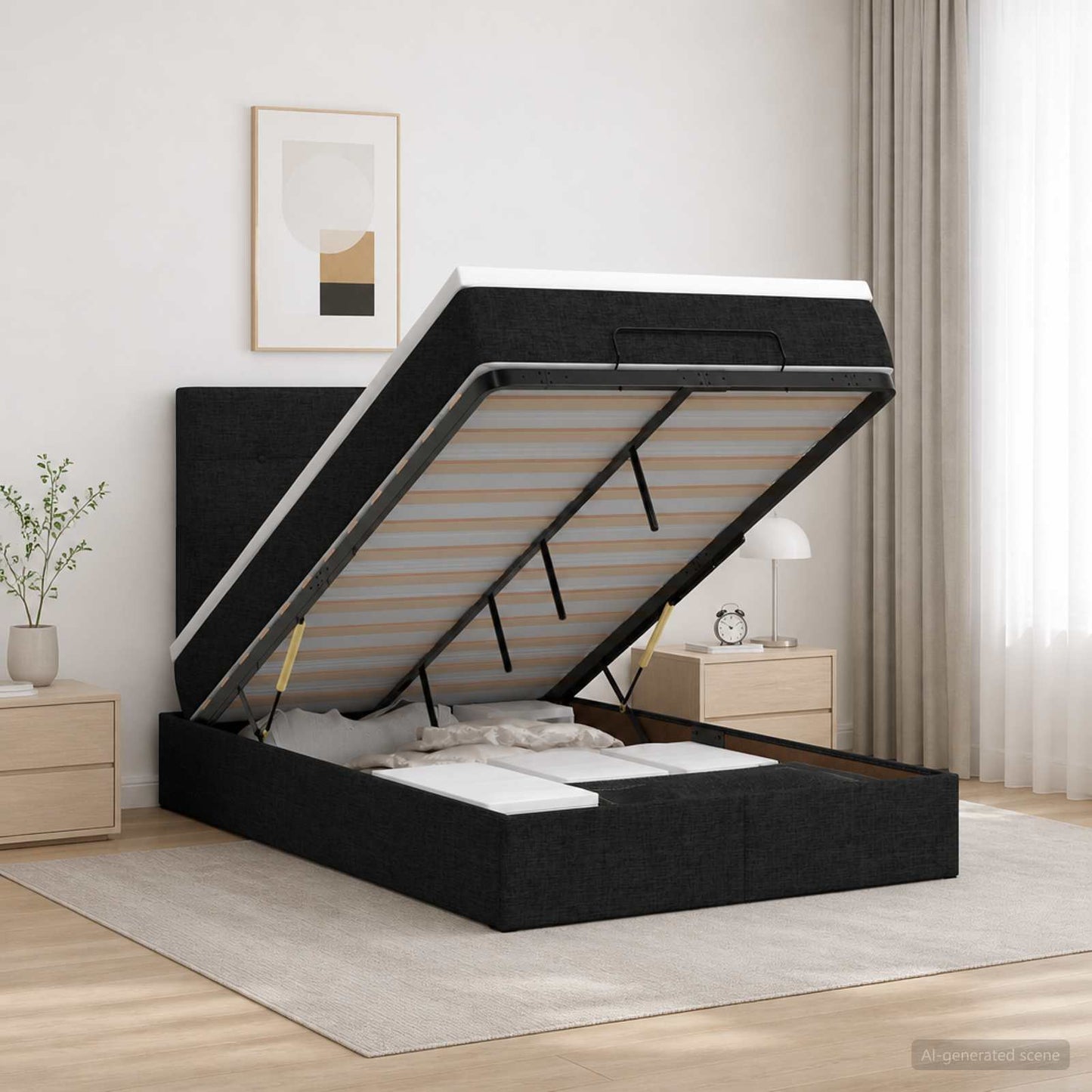 Ottoman seng med madras og LED Sort 120 x 200 cm Stof