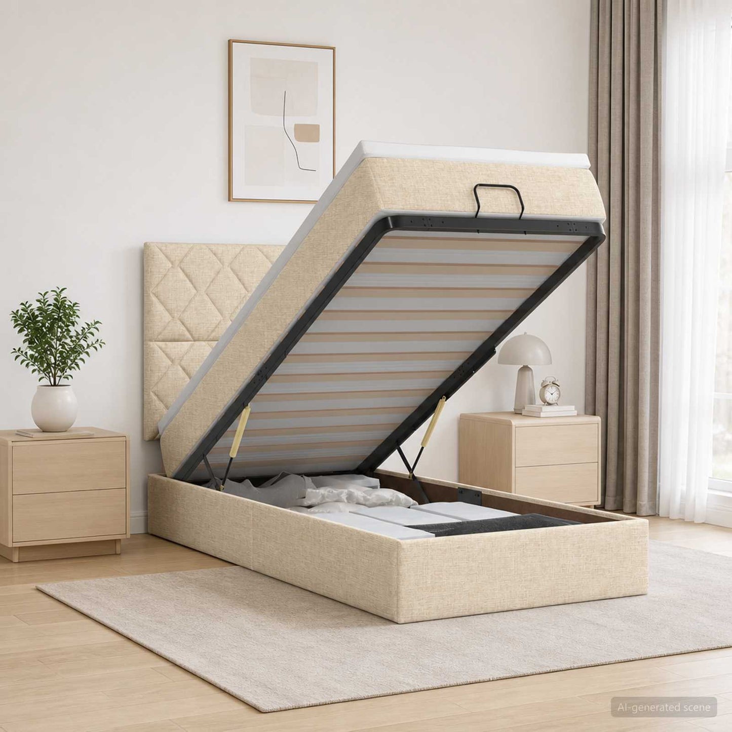 Ottoman seng med madras og LED Cremefarvet 90 x 190 cm Stof